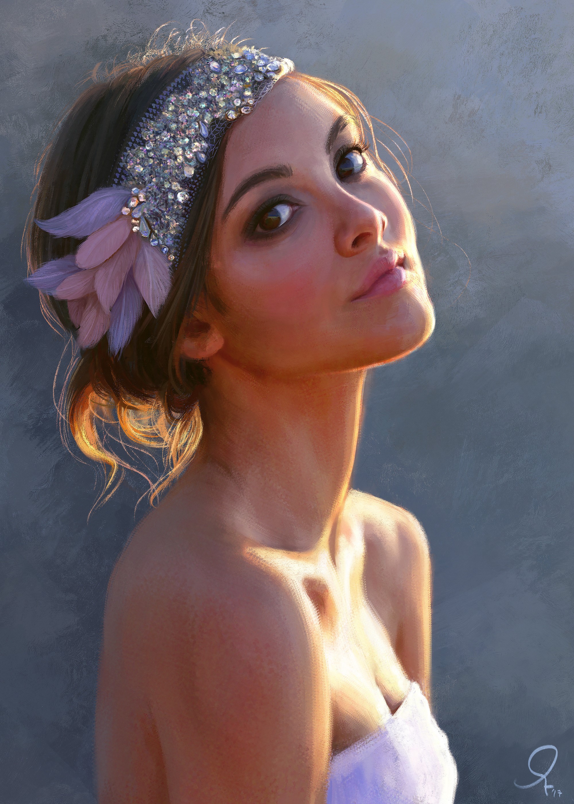 Digital painting of a woman with a jeweled headband HD Phone Wallpaper