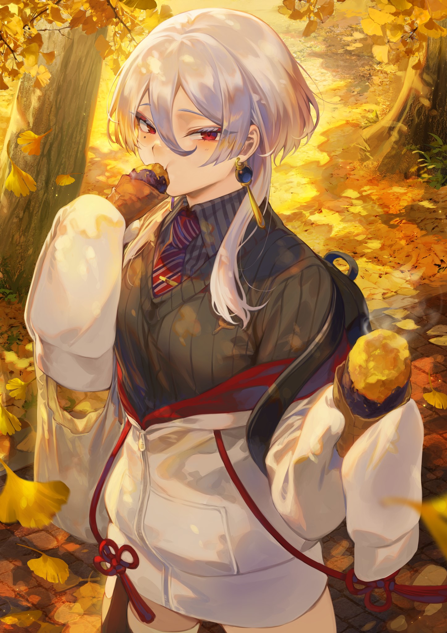 Anime girl with silver hair eating sweet potato in autumn HD Phone Wallpaper