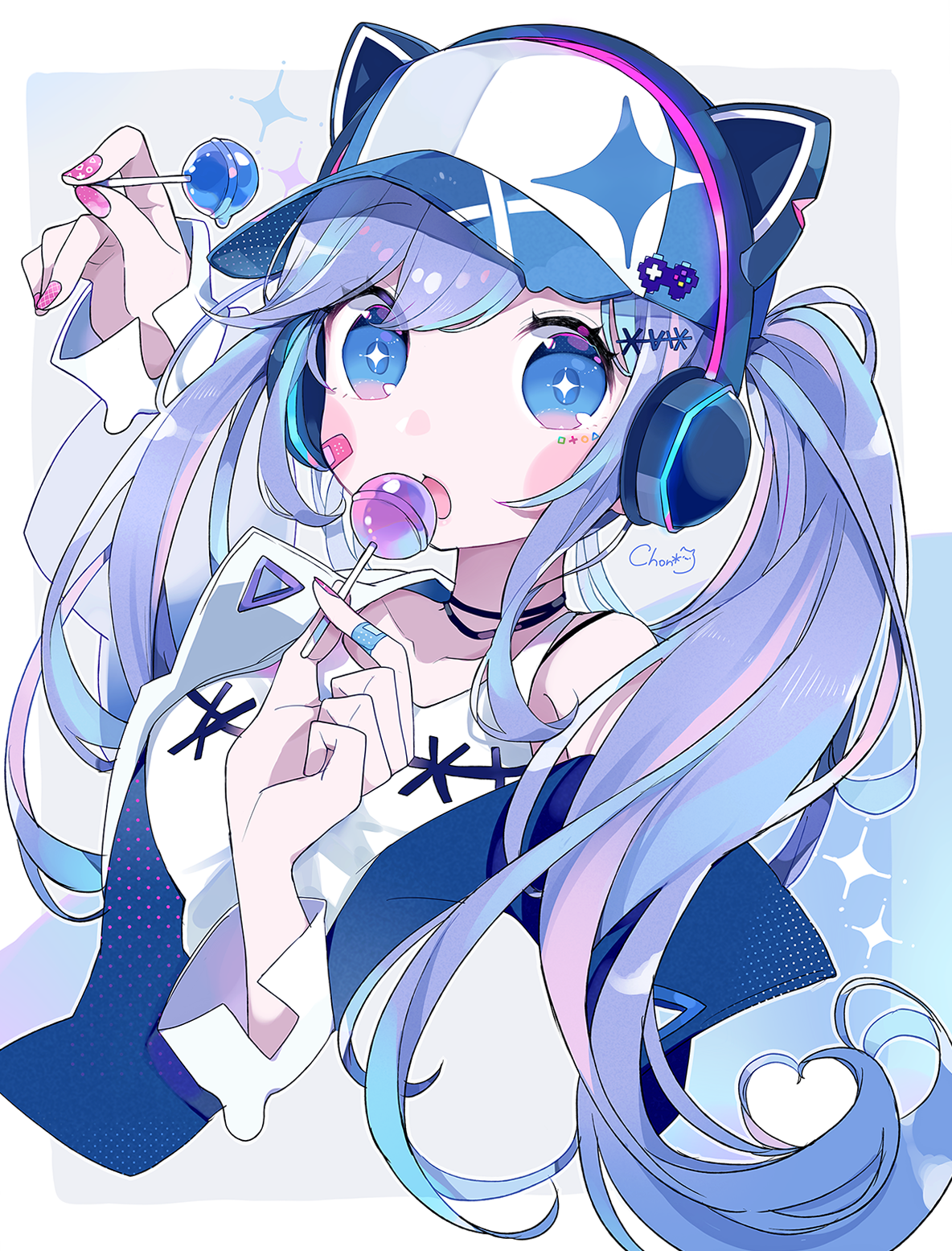 Anime girl with headphones and lollipops HD Phone Wallpaper