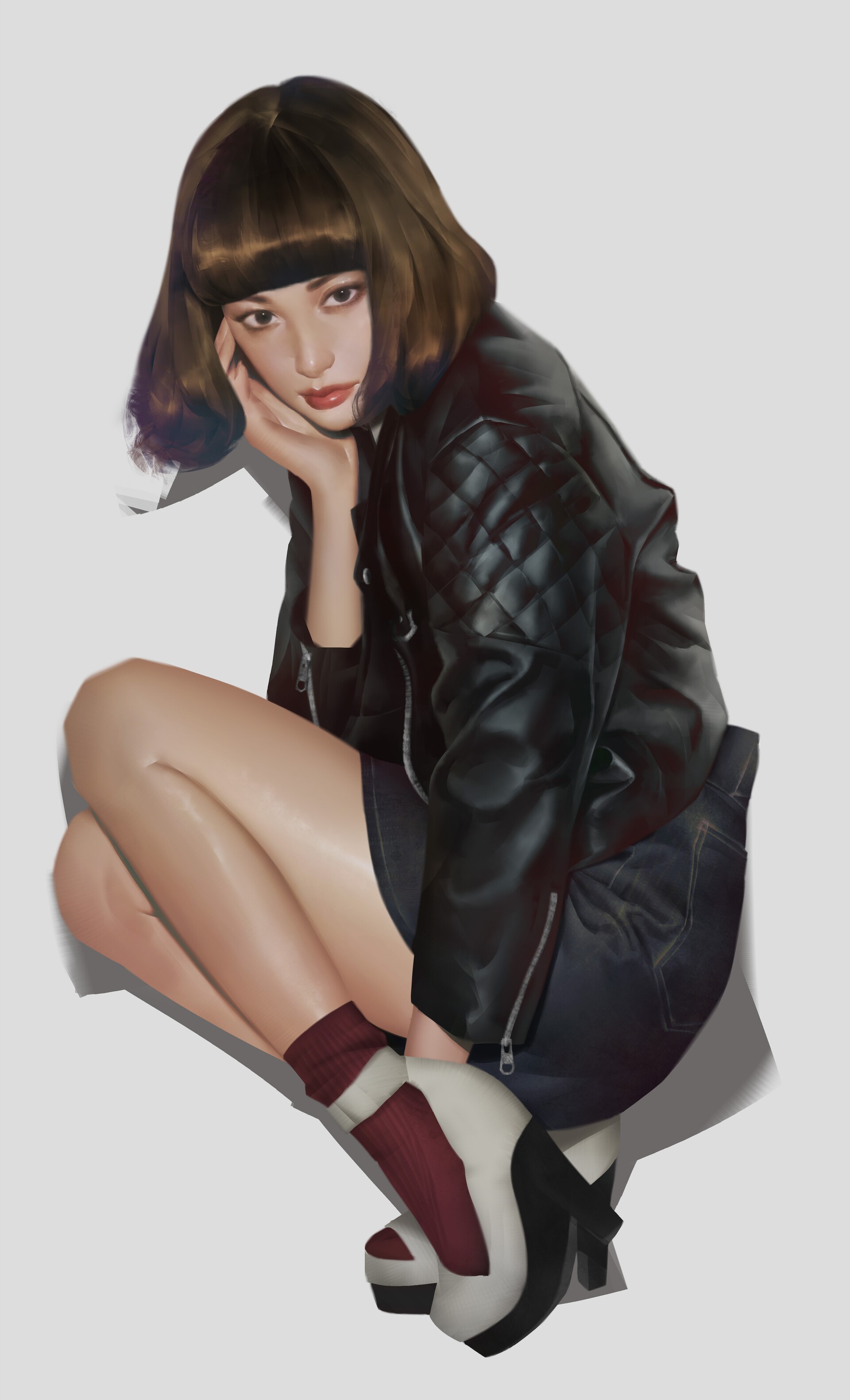 Woman in black jacket and denim skirt, digital painting HD Phone Wallpaper