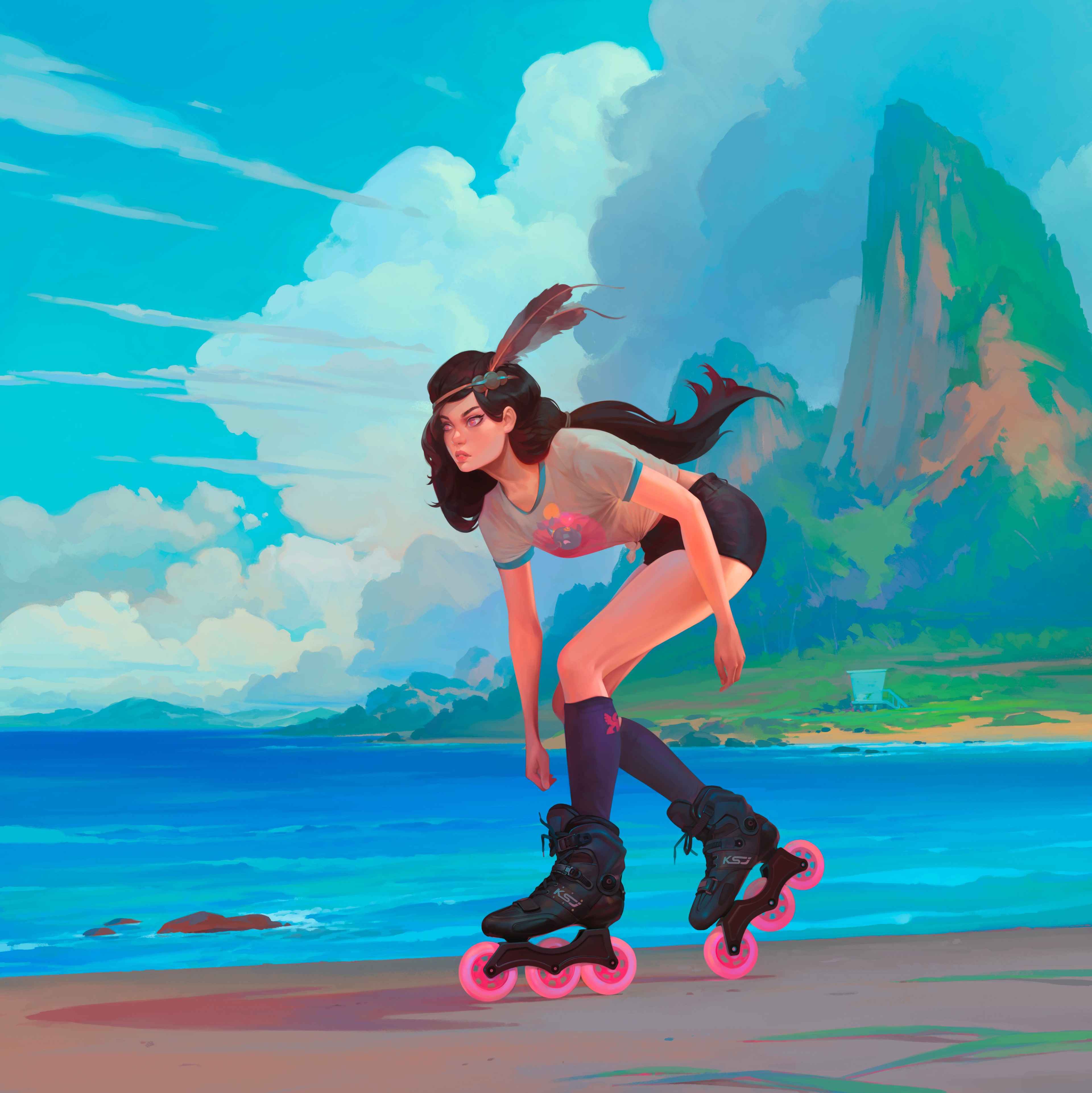 Girl on roller skates at the beach HD Phone Wallpaper