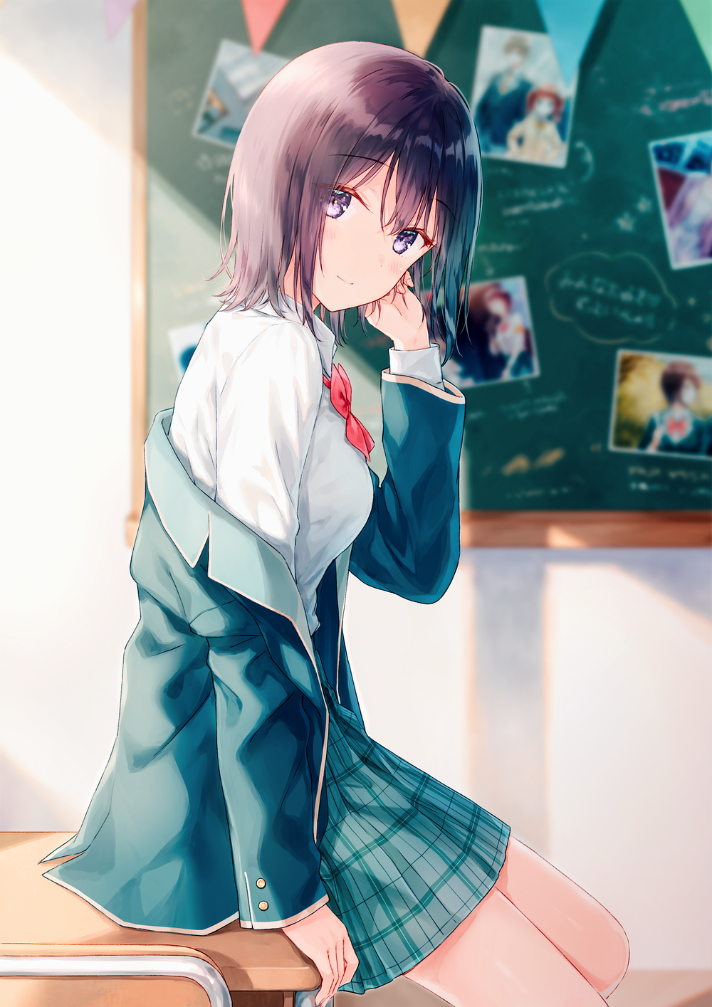 Anime girl with purple eyes and short hair in school uniform HD Phone Wallpaper