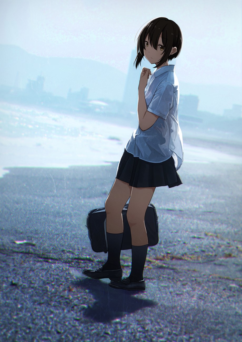 Anime girl in school uniform with suitcase on beach HD Phone Wallpaper