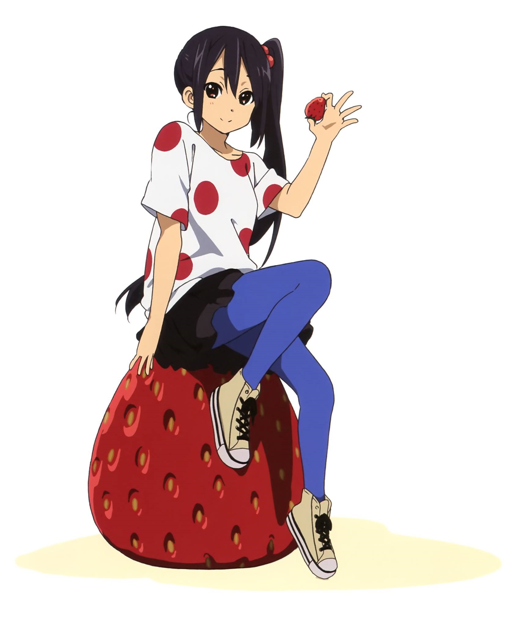 Azusa Nakano from K-ON! sitting on a giant strawberry HD Phone Wallpaper