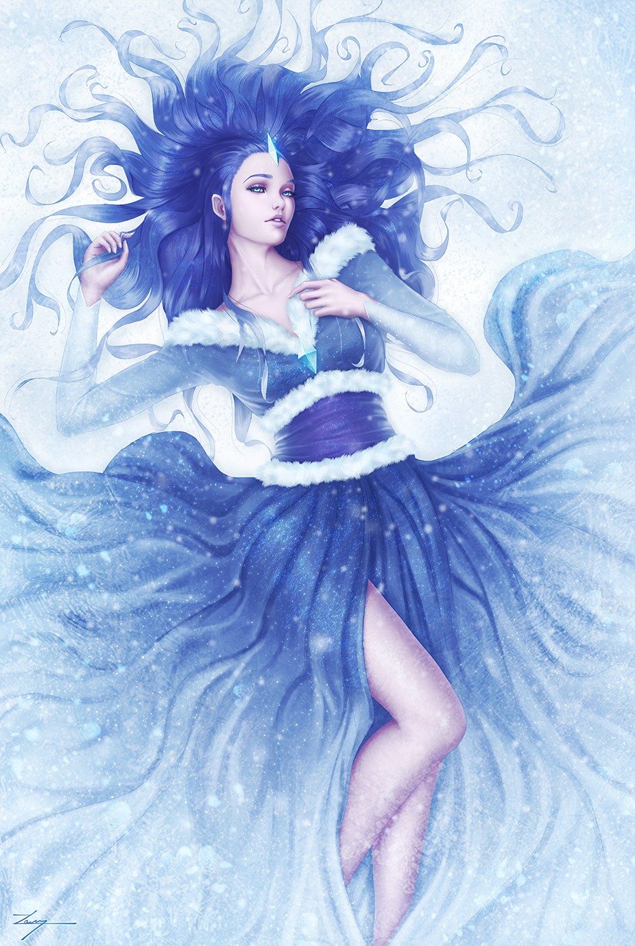 Woman with long blue hair in a blue dress HD Phone Wallpaper