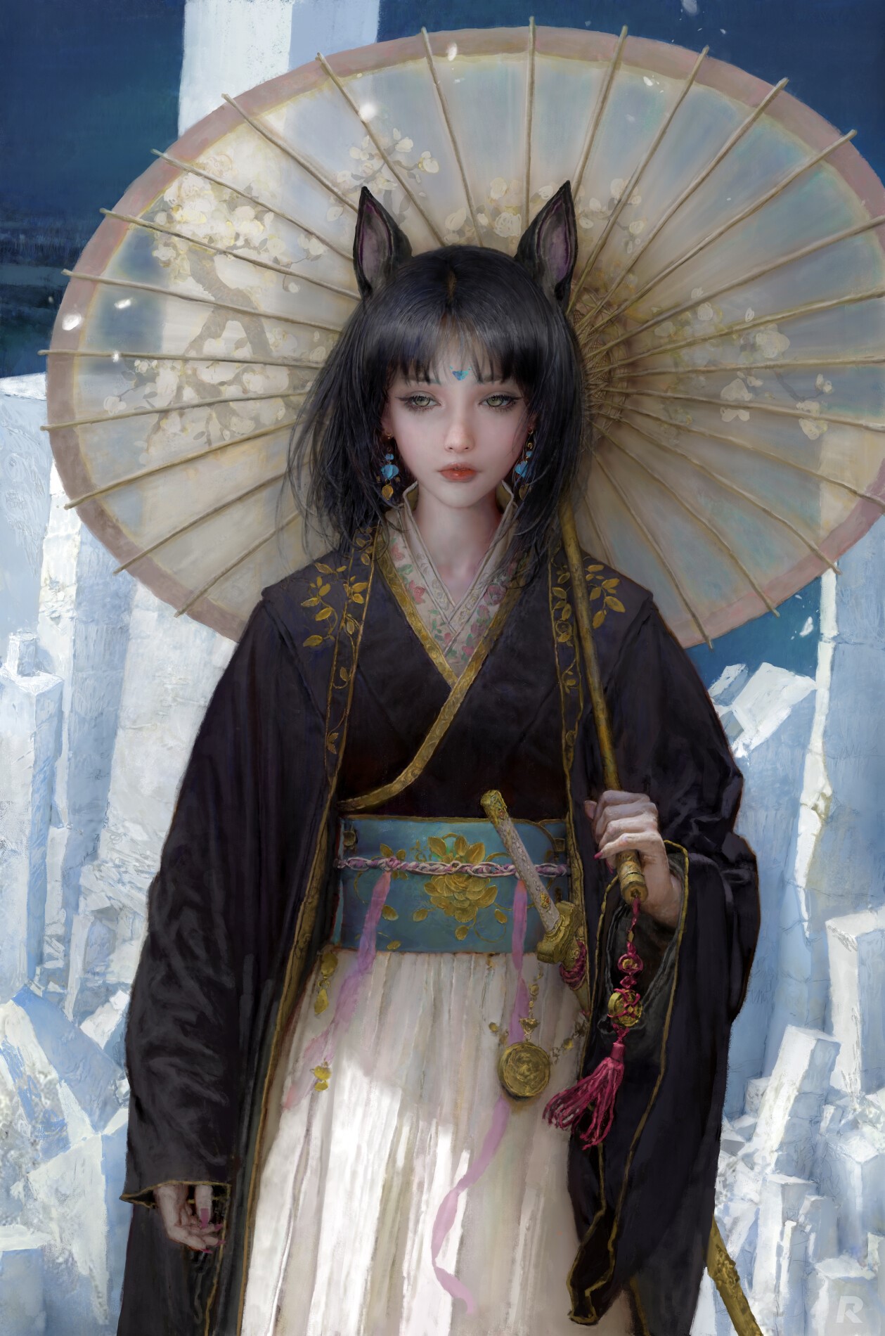 Artwork of a woman with animal ears holding an umbrella HD Phone Wallpaper