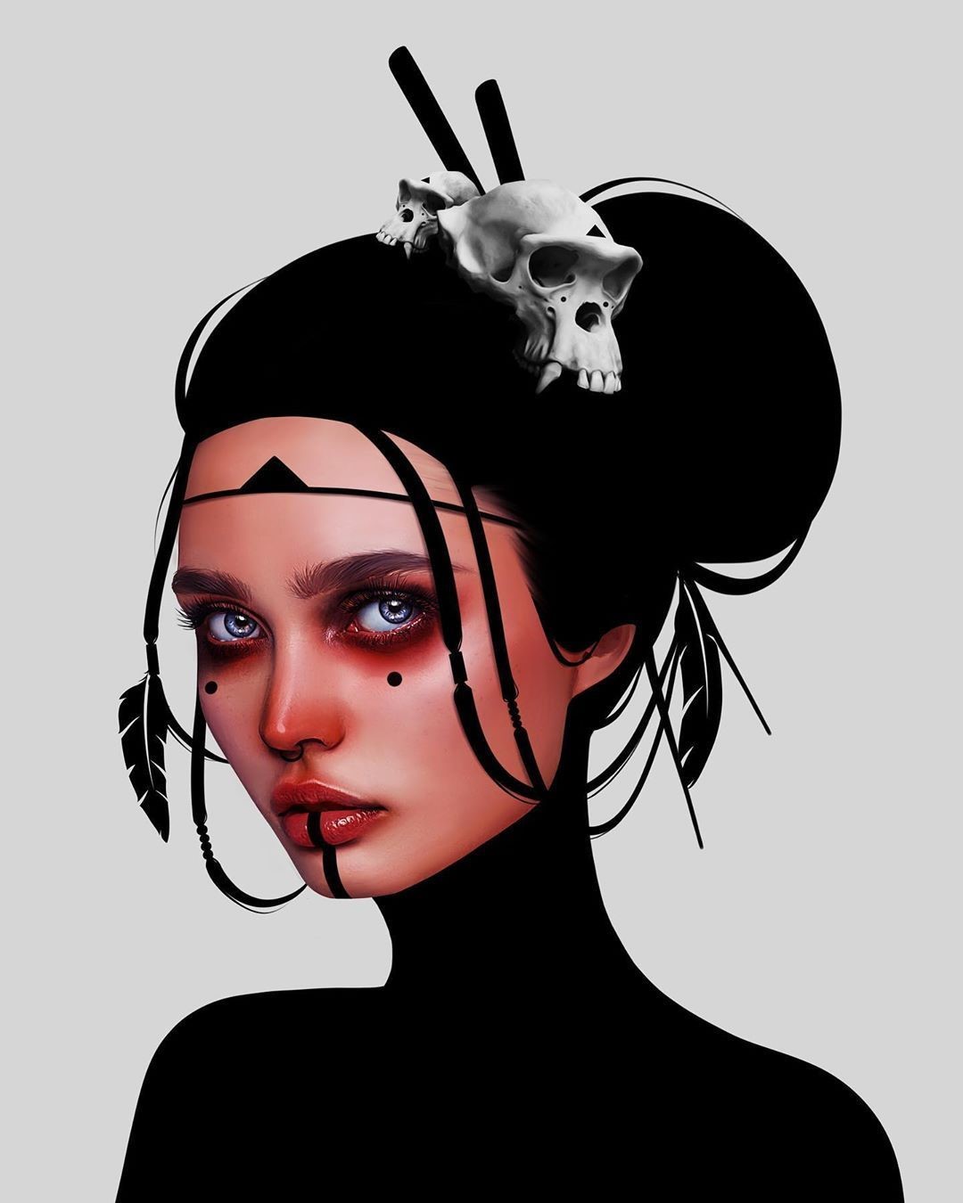 Woman with skull headdress and tribal makeup HD Phone Wallpaper