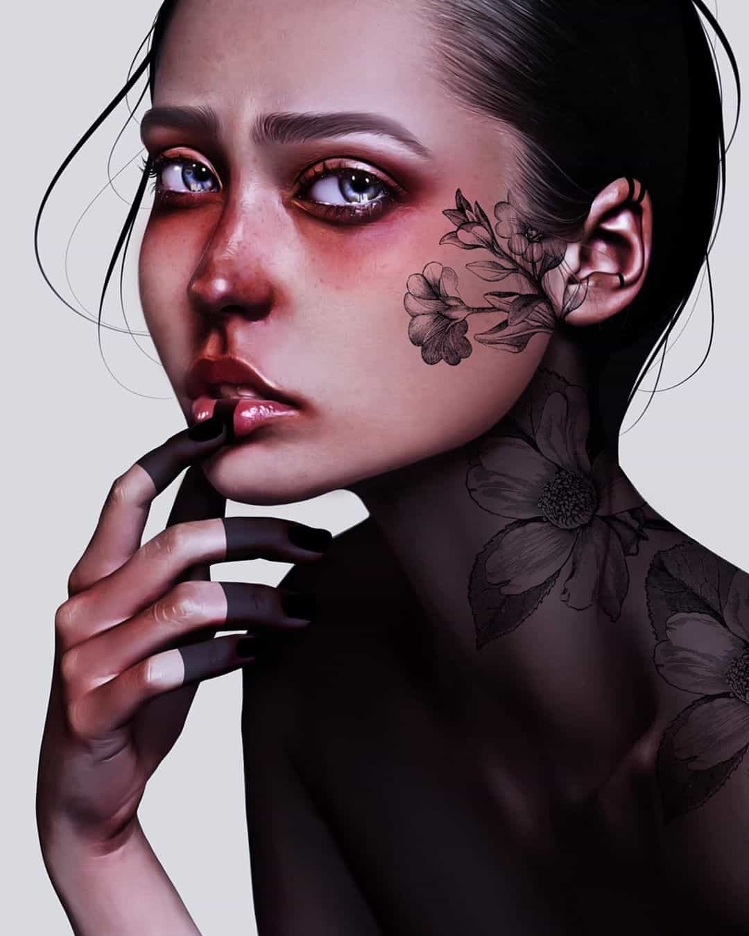 Digital art portrait of a woman with flower tattoos HD Phone Wallpaper