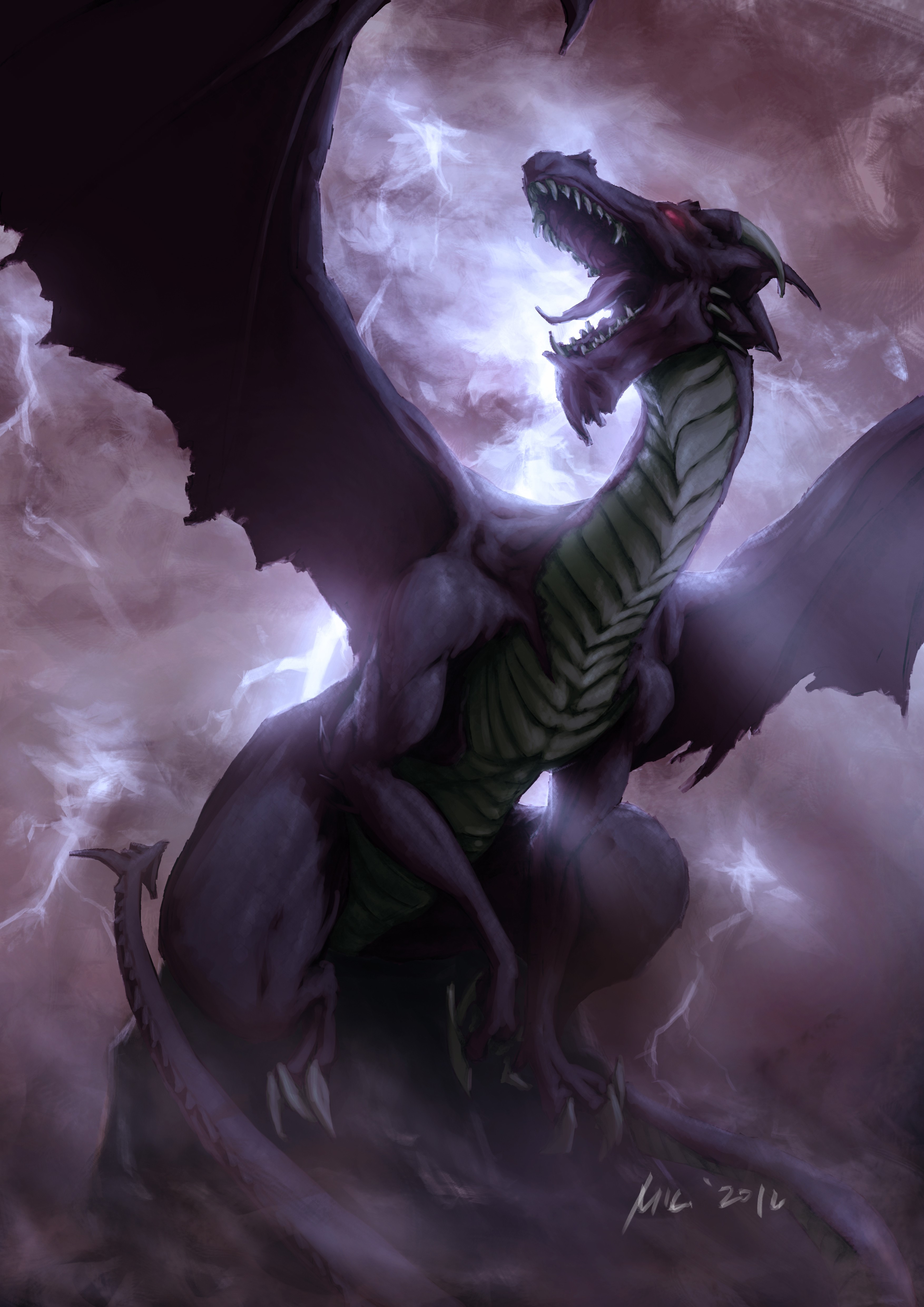 Purple dragon roaring amidst lightning HD Phone Wallpaper