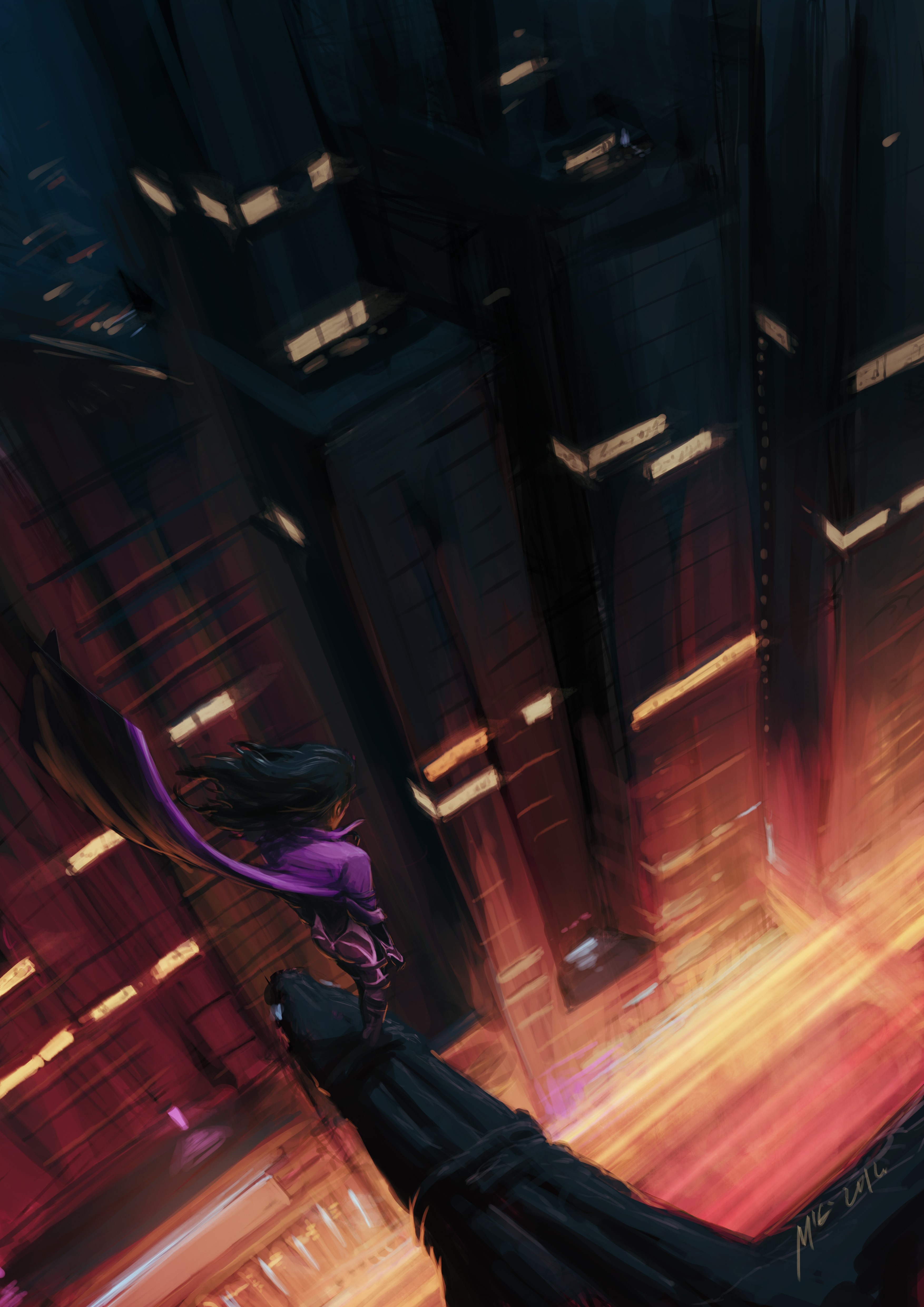 Woman in violet coat on a rooftop overlooking city lights HD Phone Wallpaper