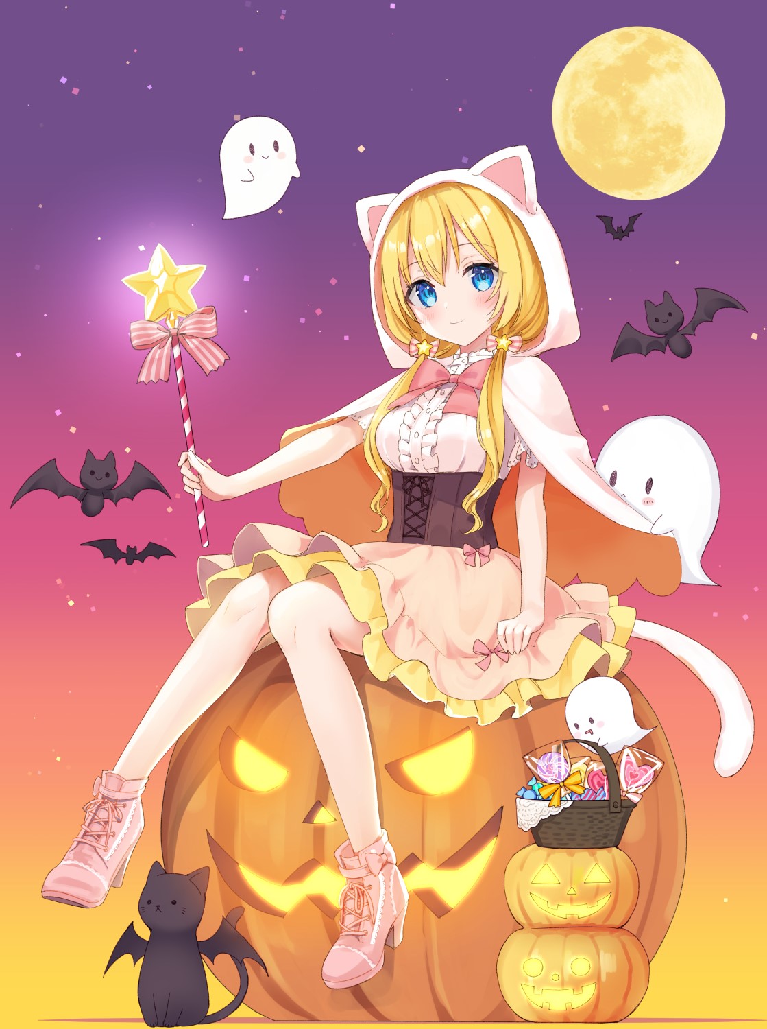 Anime girl in Halloween costume with magic wand and pumpkin HD Phone Wallpaper