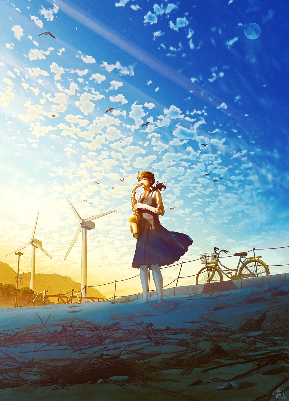 Girl playing saxophone with windmills and bicycle HD Phone Wallpaper