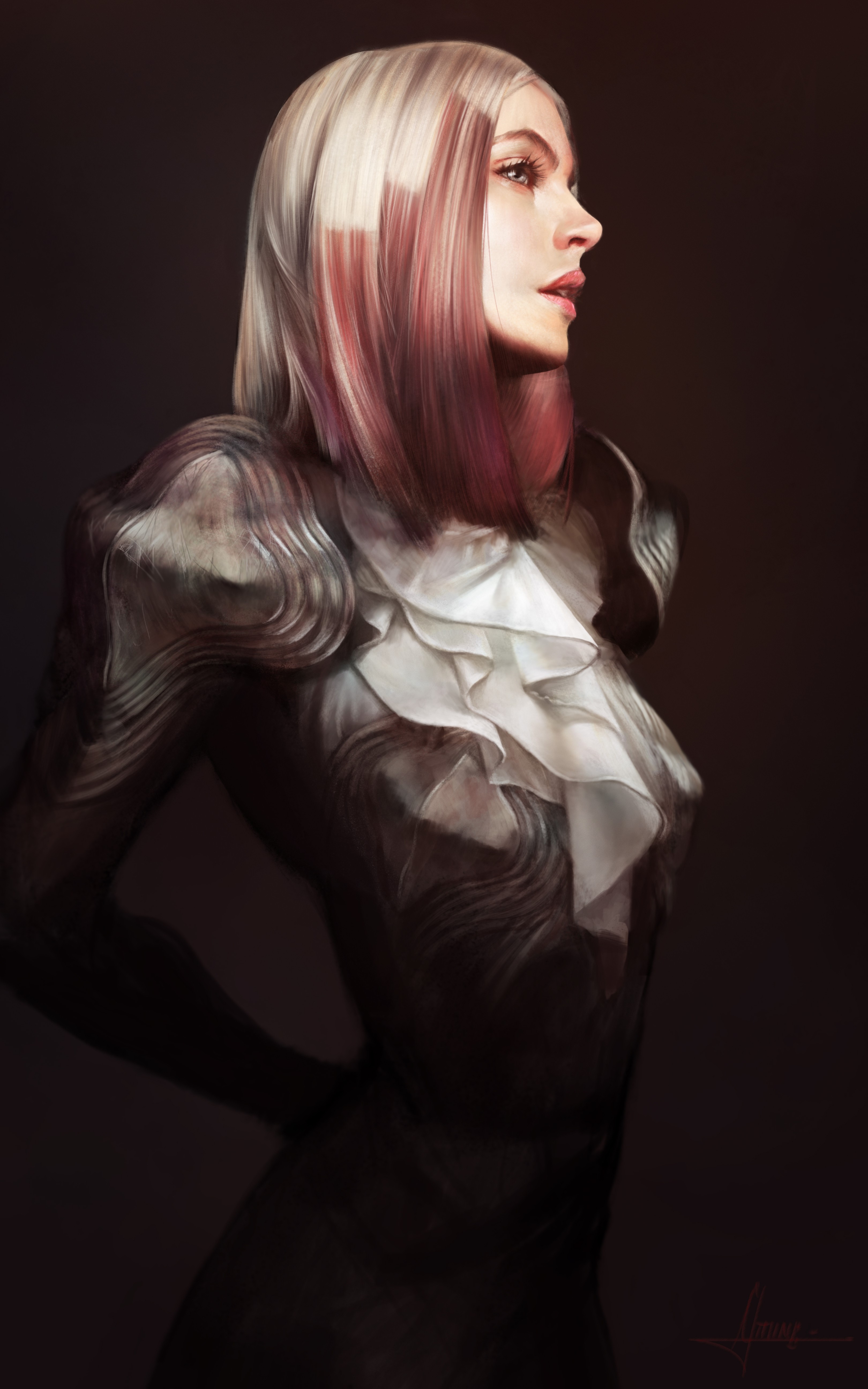 Portrait of a woman with dyed hair and ruffled collar HD Phone Wallpaper
