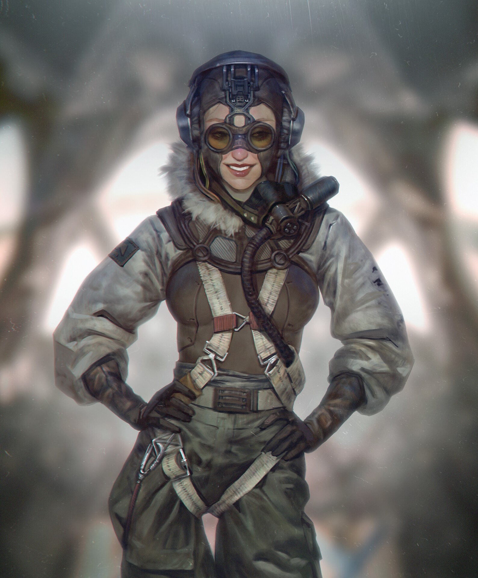 Woman in pilot gear with goggles and headphones HD Phone Wallpaper