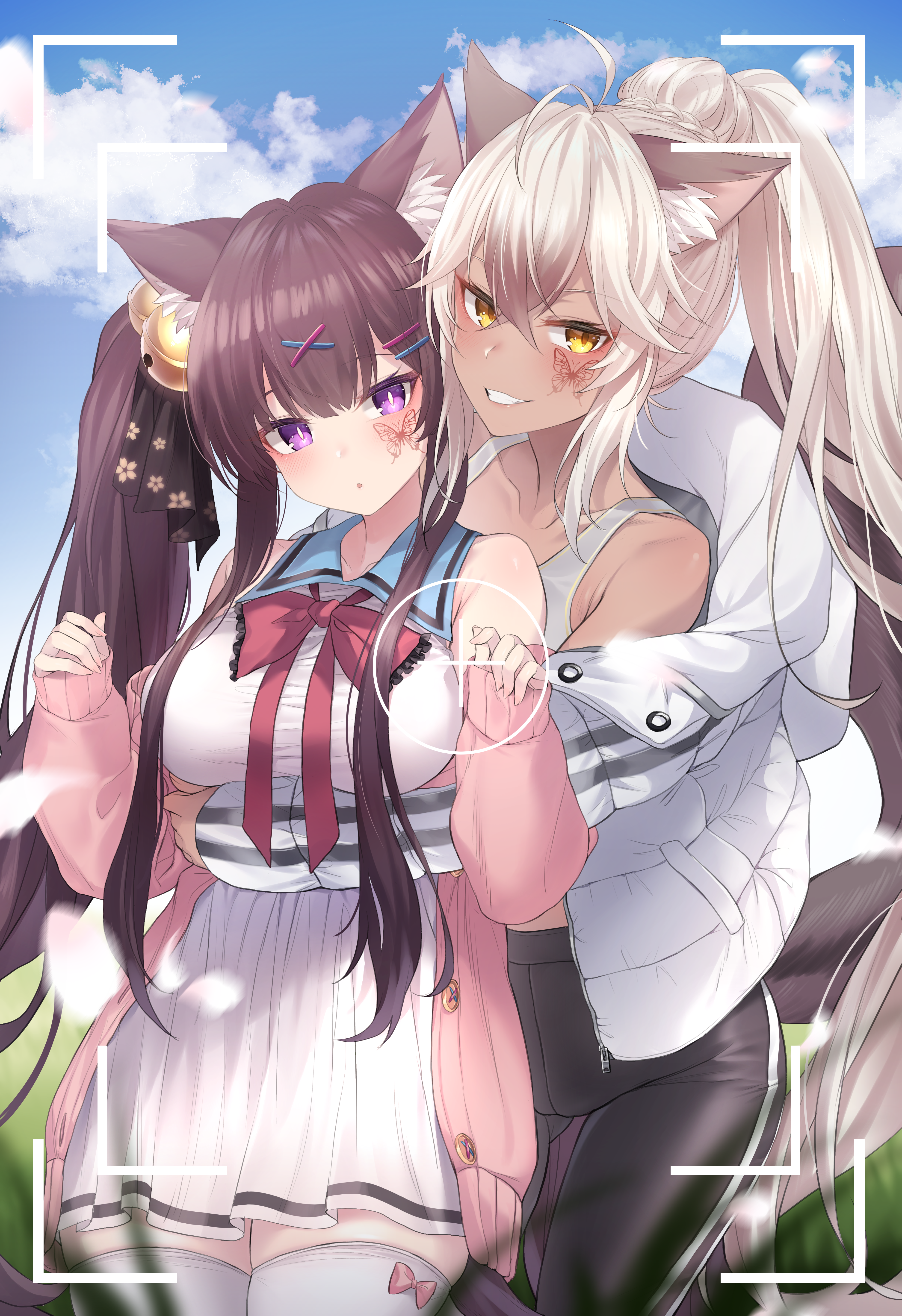 Two anime girls with animal ears taking a selfie HD Phone Wallpaper