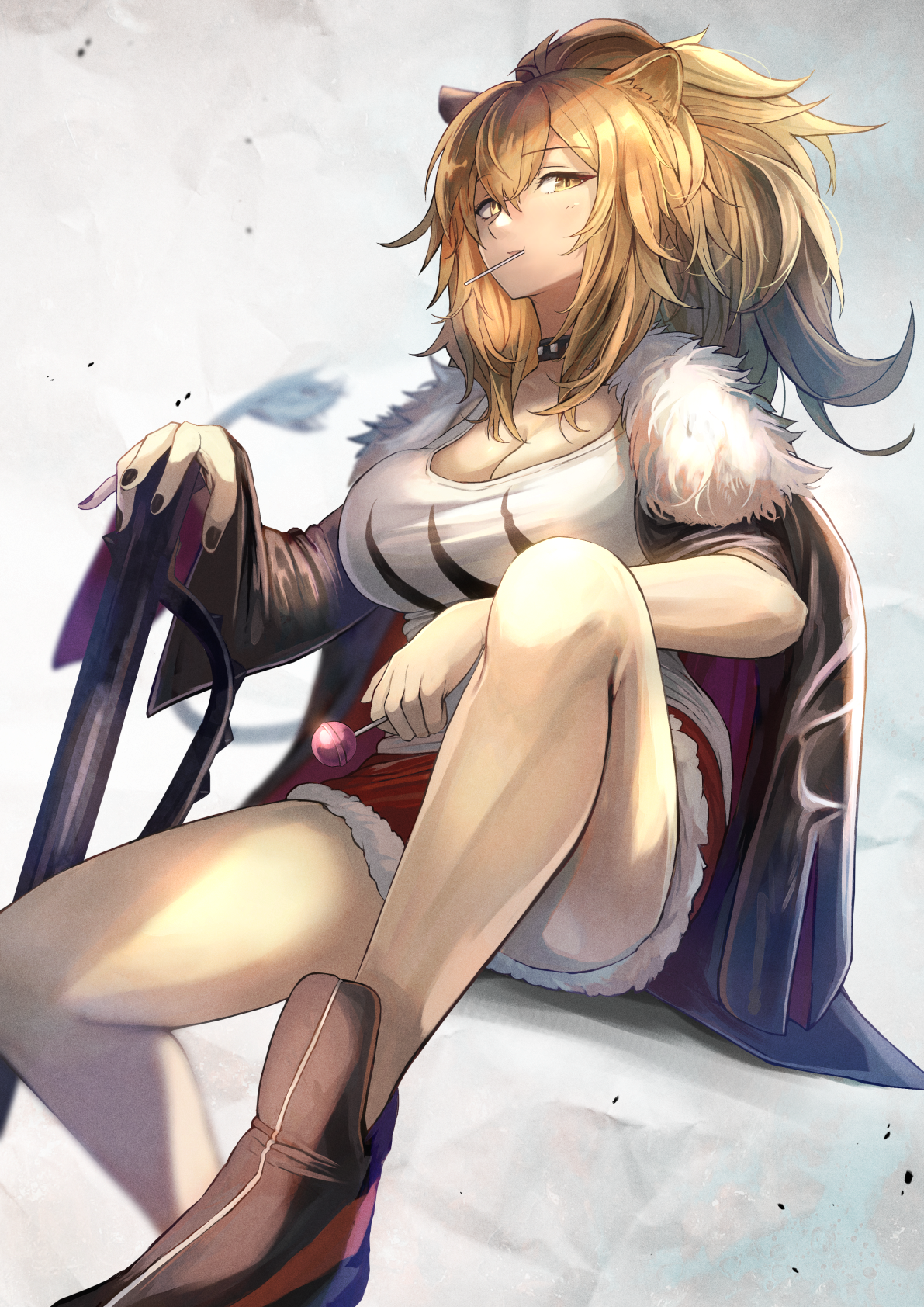 Siege from Arknights with lion ears holding a lollipop HD Phone Wallpaper