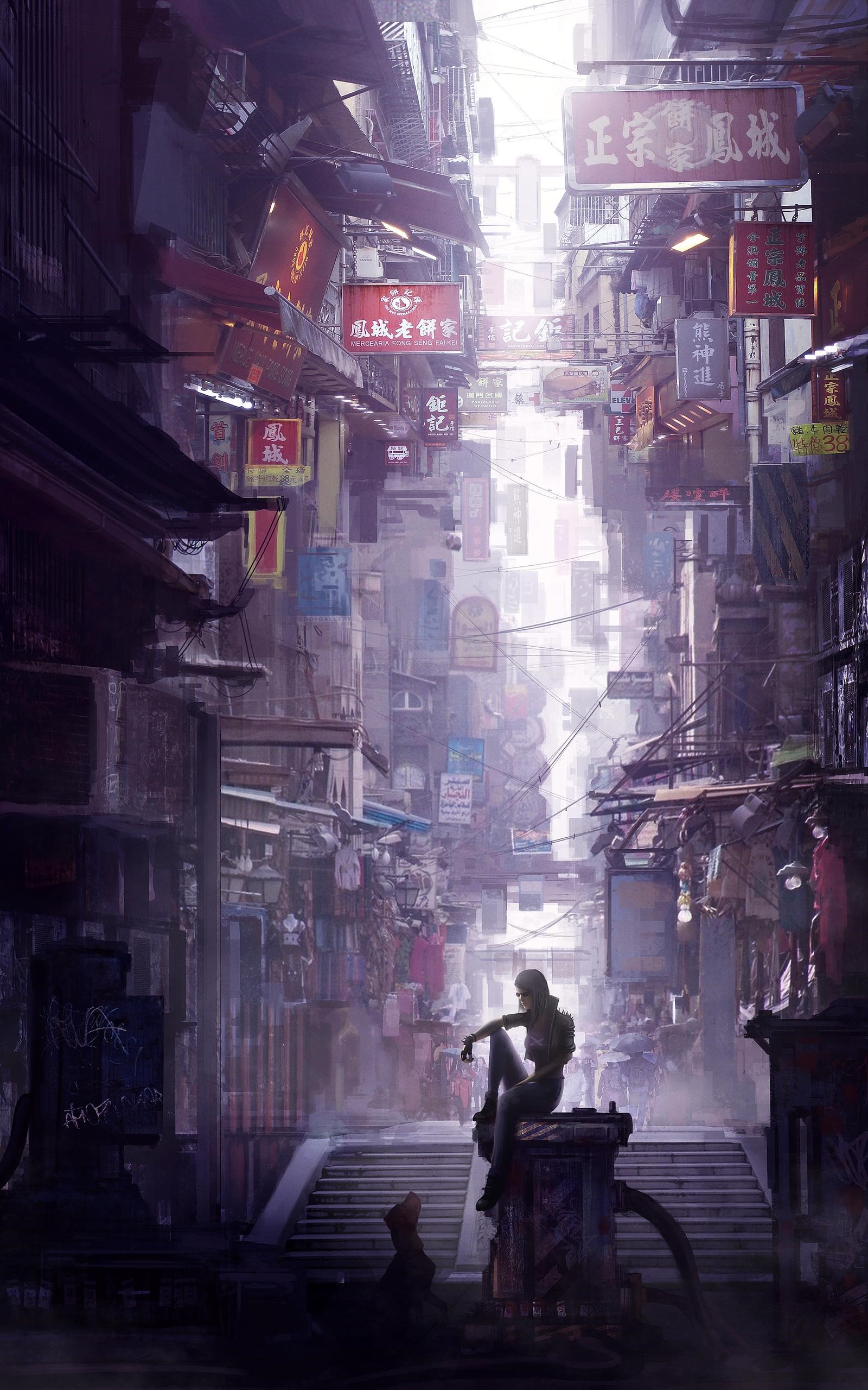 Cyberpunk street scene with a woman sitting HD Phone Wallpaper