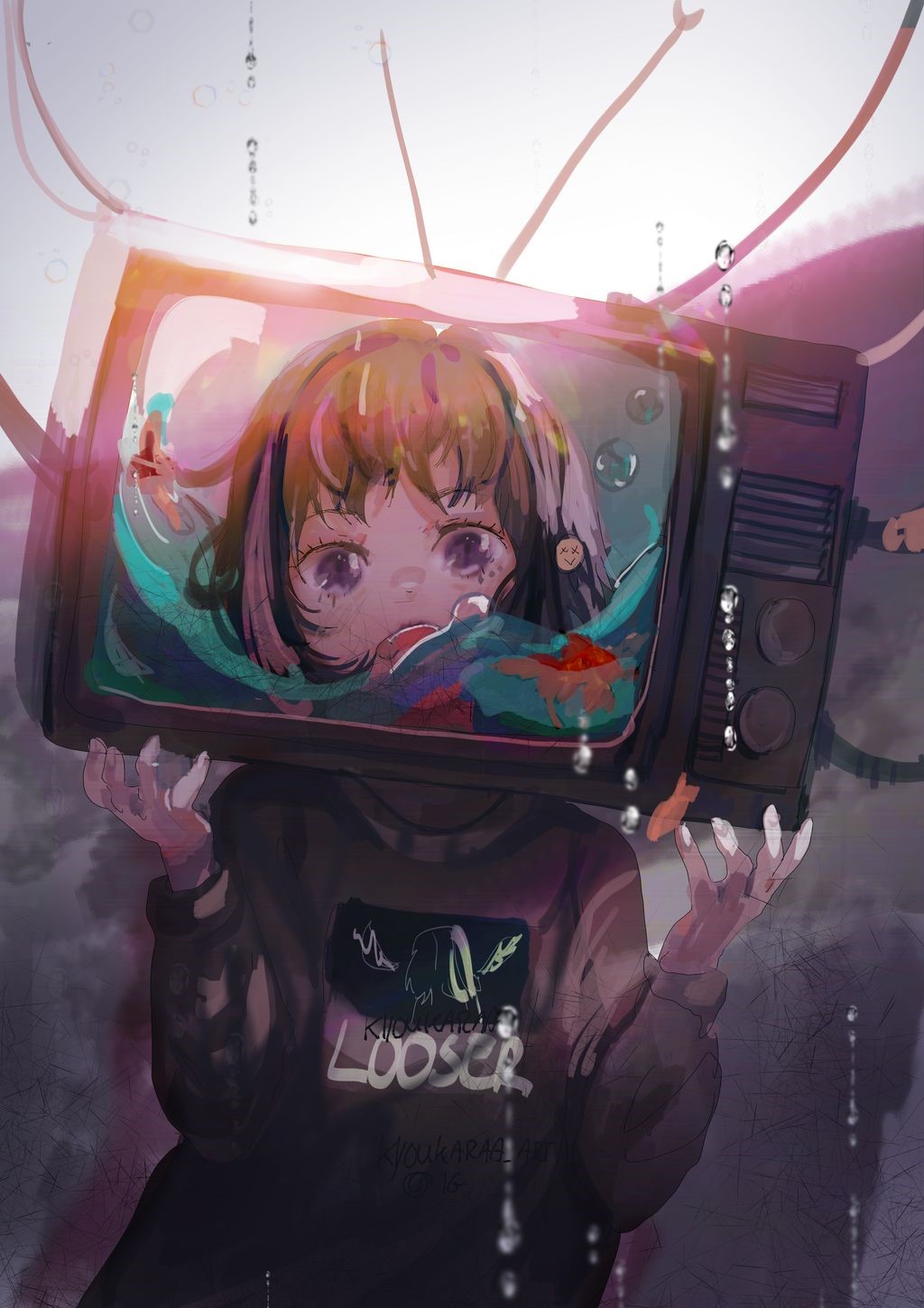 Girl with TV head and goldfish HD Phone Wallpaper