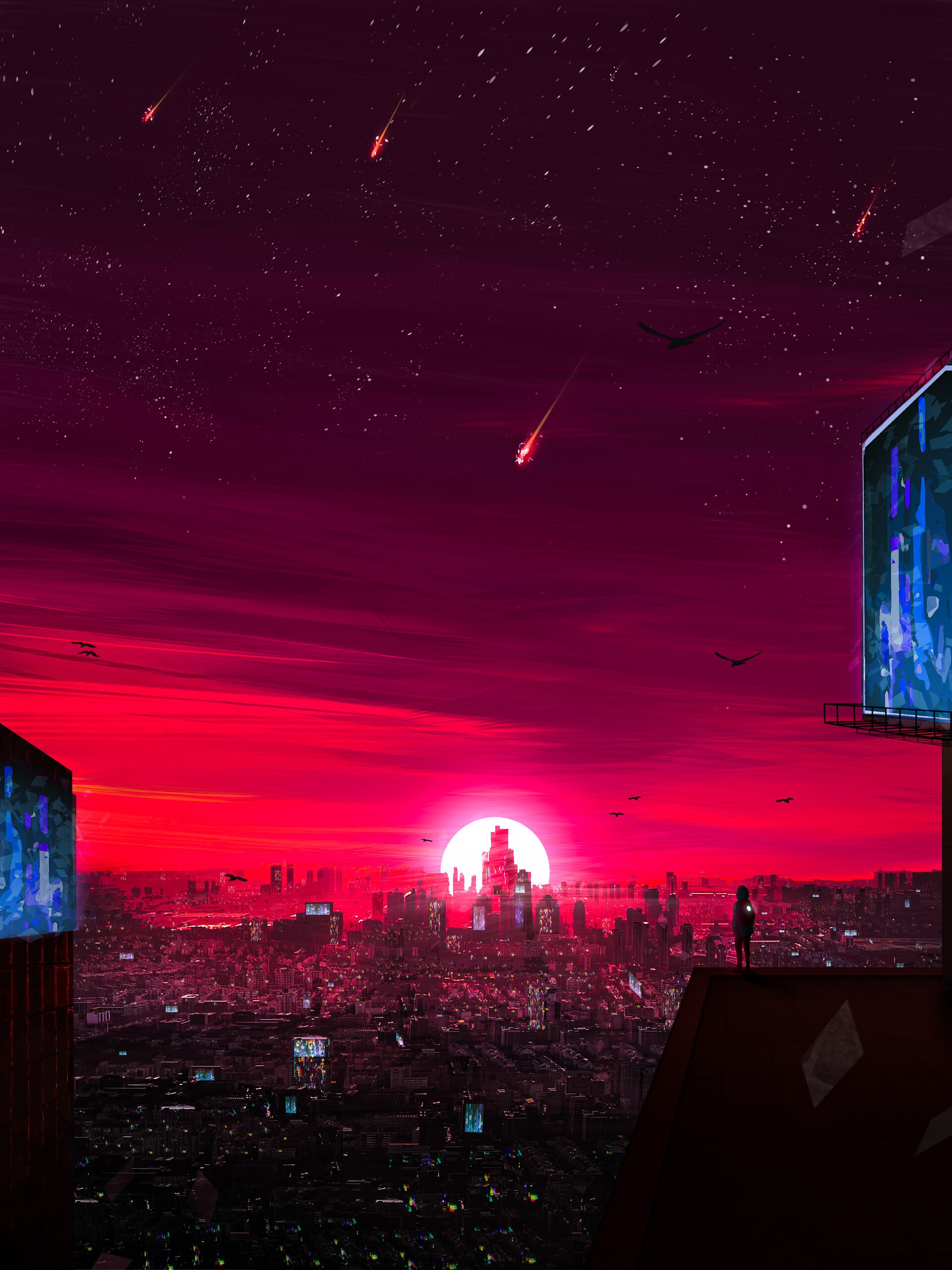 Cityscape at sunset with shooting stars and birds HD Phone Wallpaper