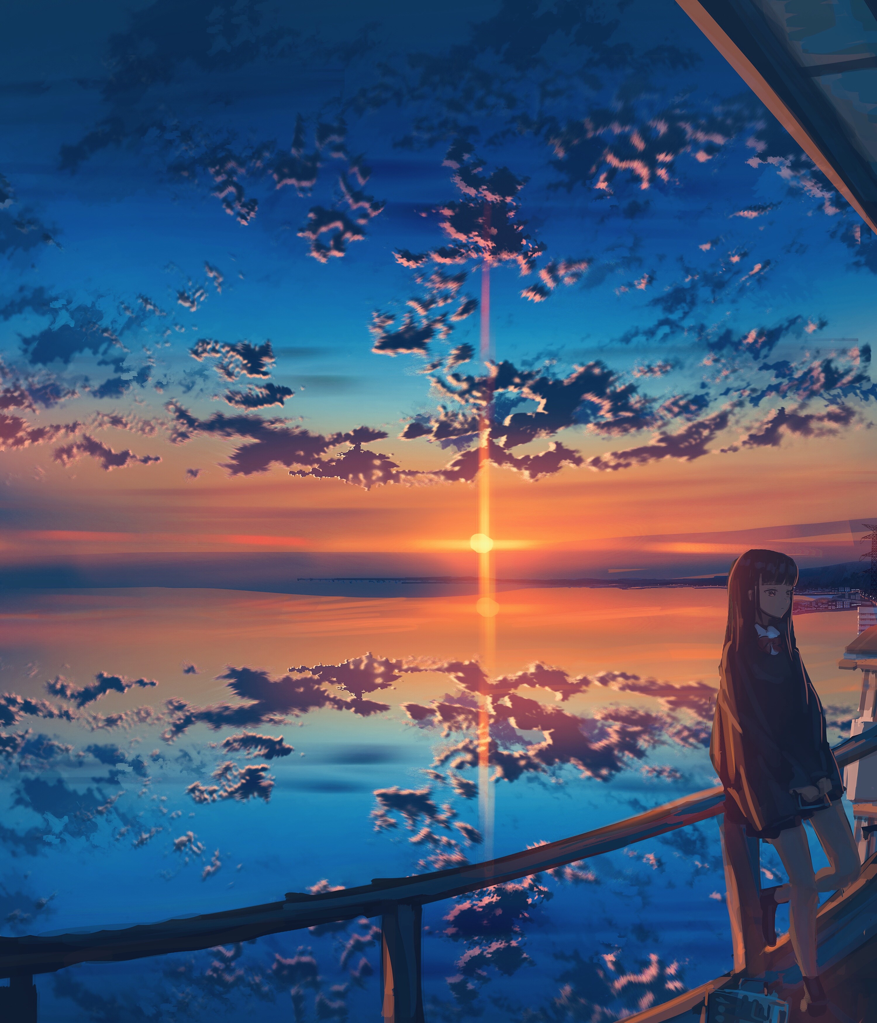 Anime girl watching a sunset over the ocean HD Phone Wallpaper