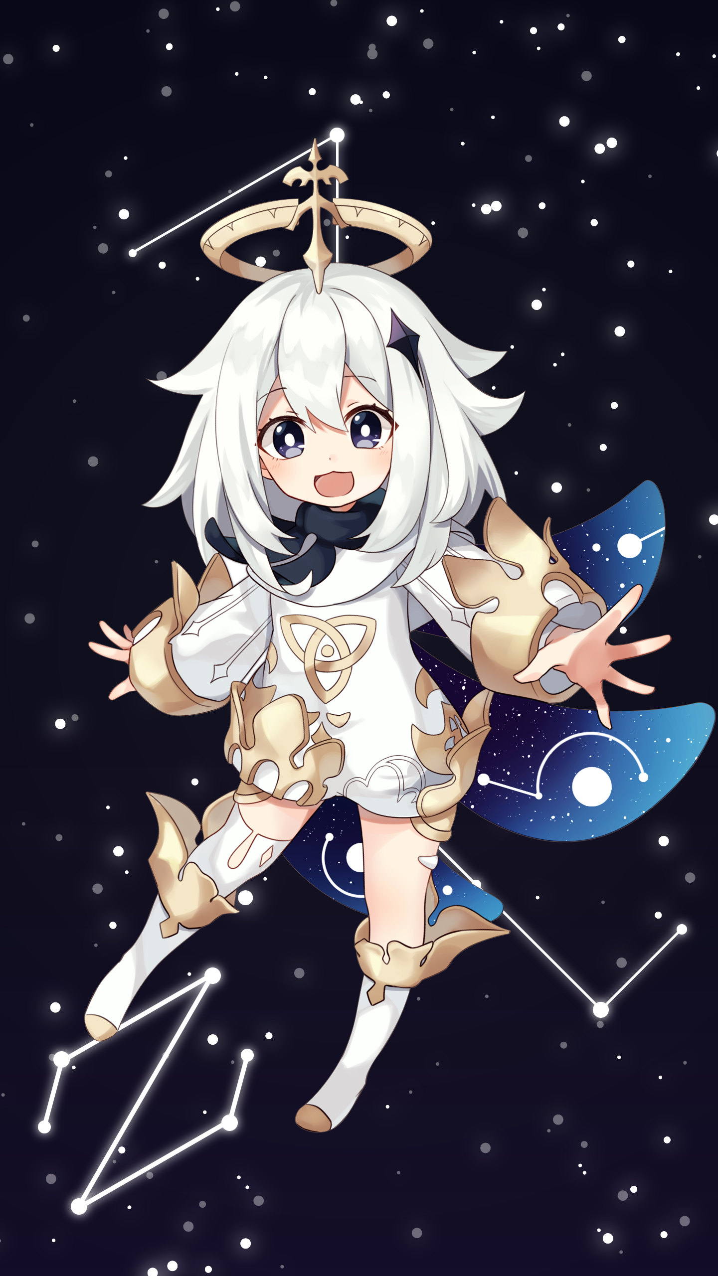 Paimon from Genshin Impact in space with stars HD Phone Wallpaper