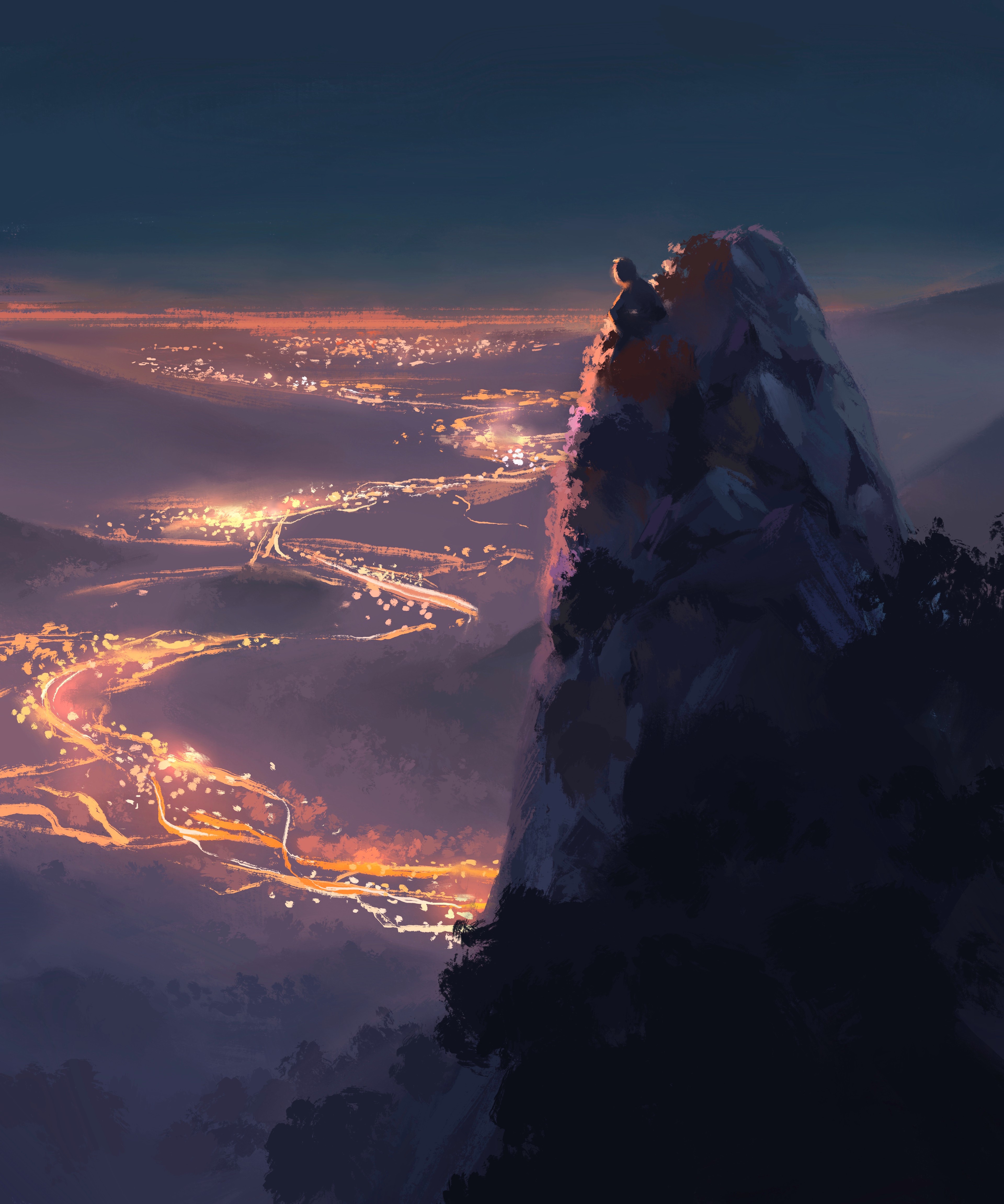 Person on cliff overlooking city lights at sunset HD Phone Wallpaper