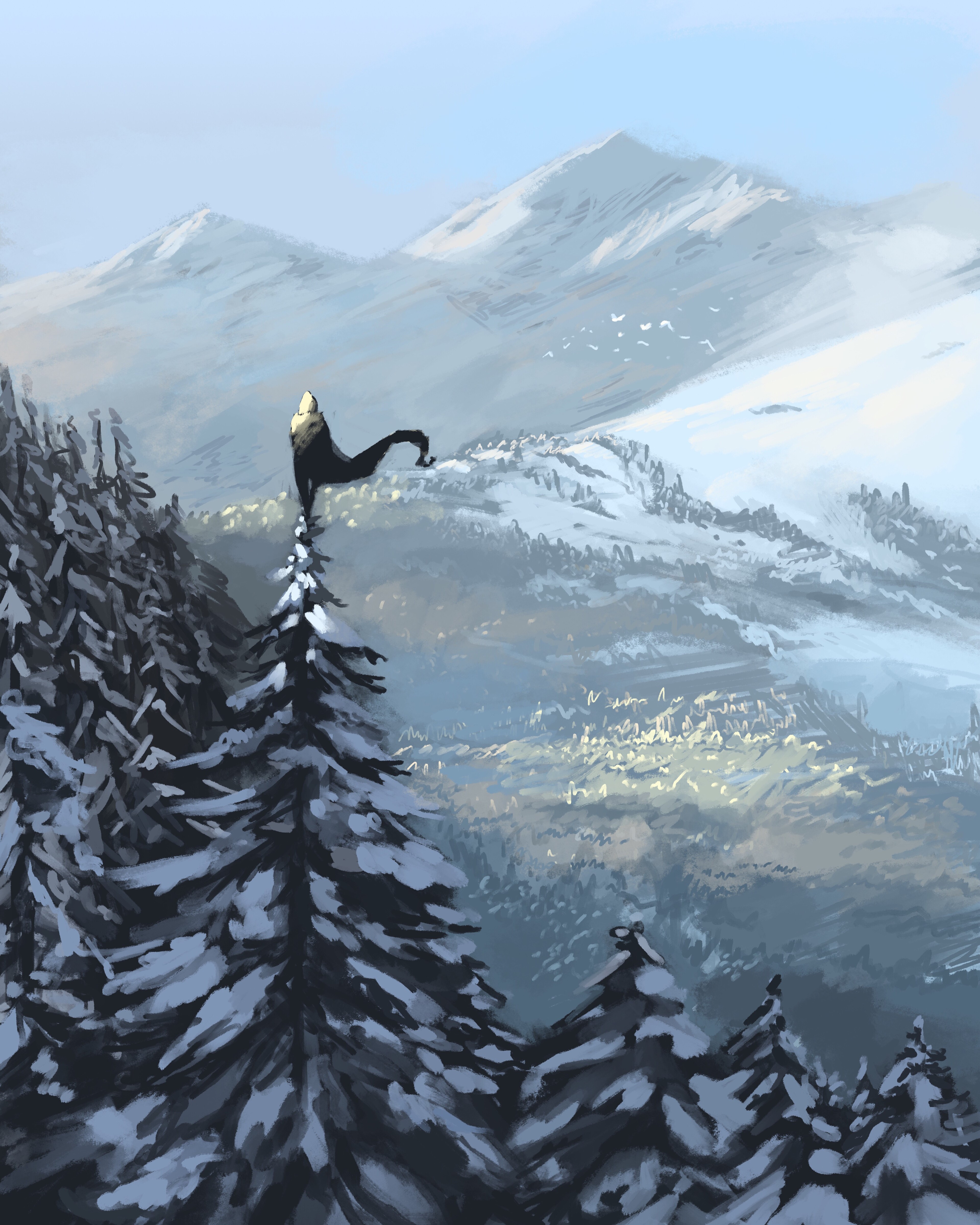 Person on Snowy Tree Top with Mountains HD Phone Wallpaper