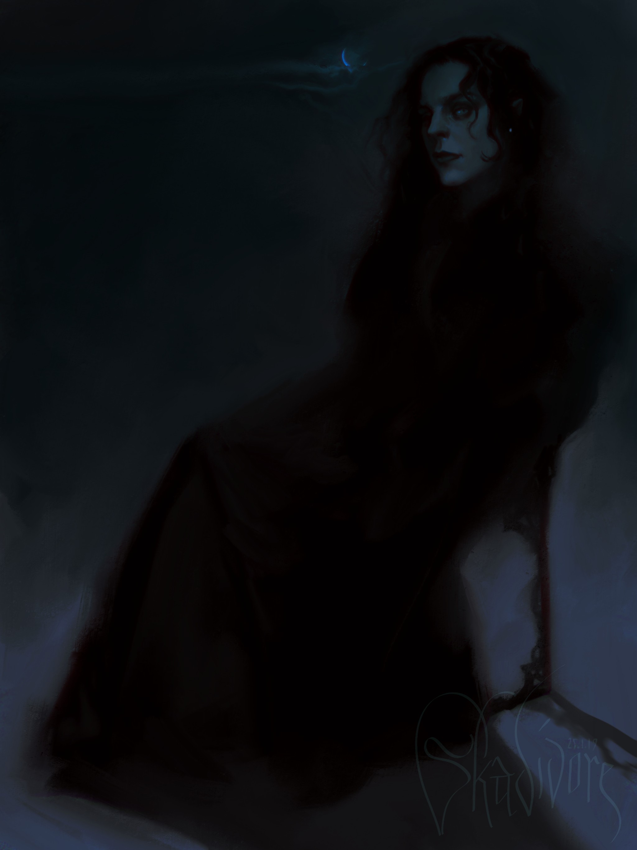 Digital painting of a woman in a black robe HD Phone Wallpaper