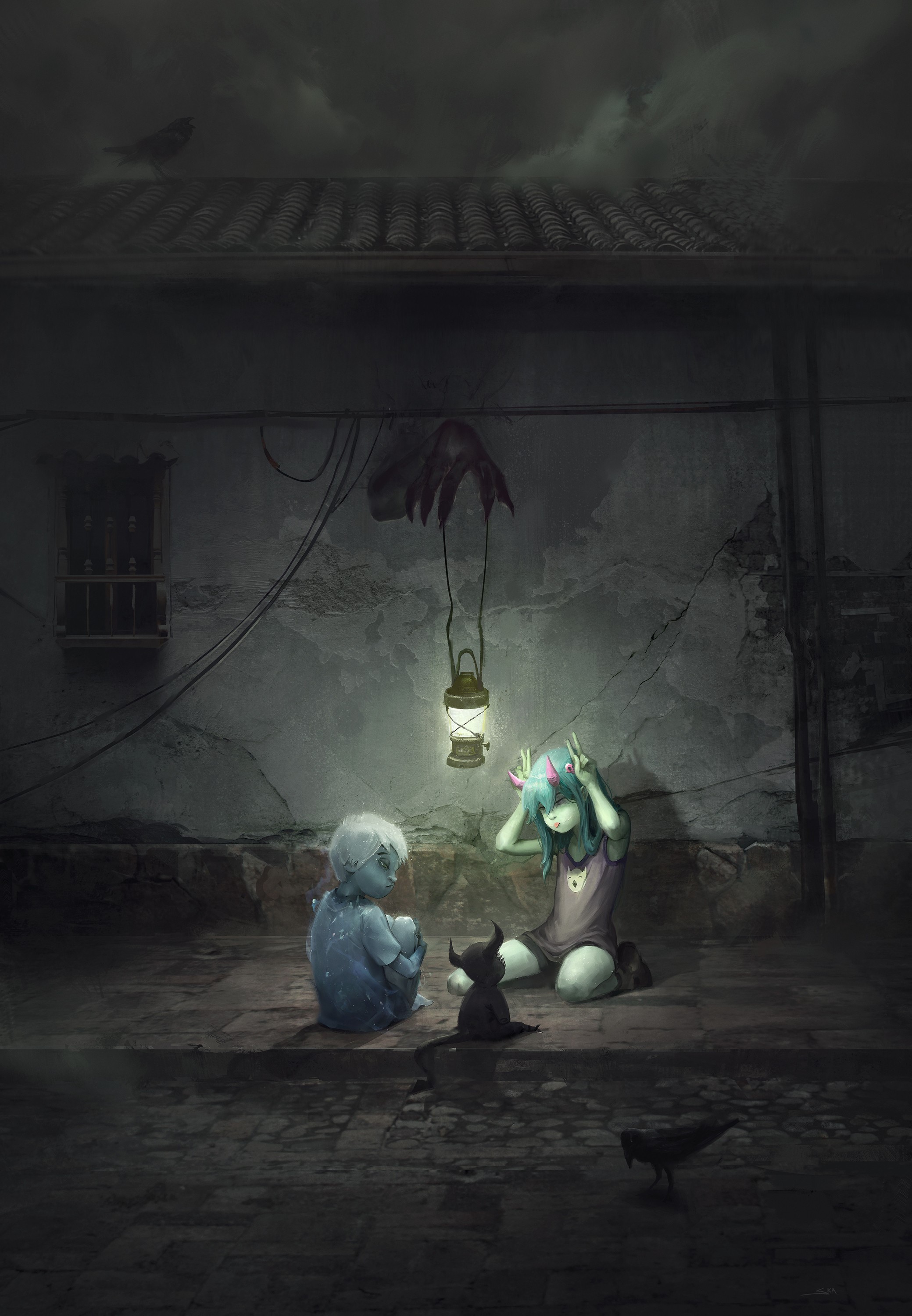Two children and a black cat under a lantern HD Phone Wallpaper