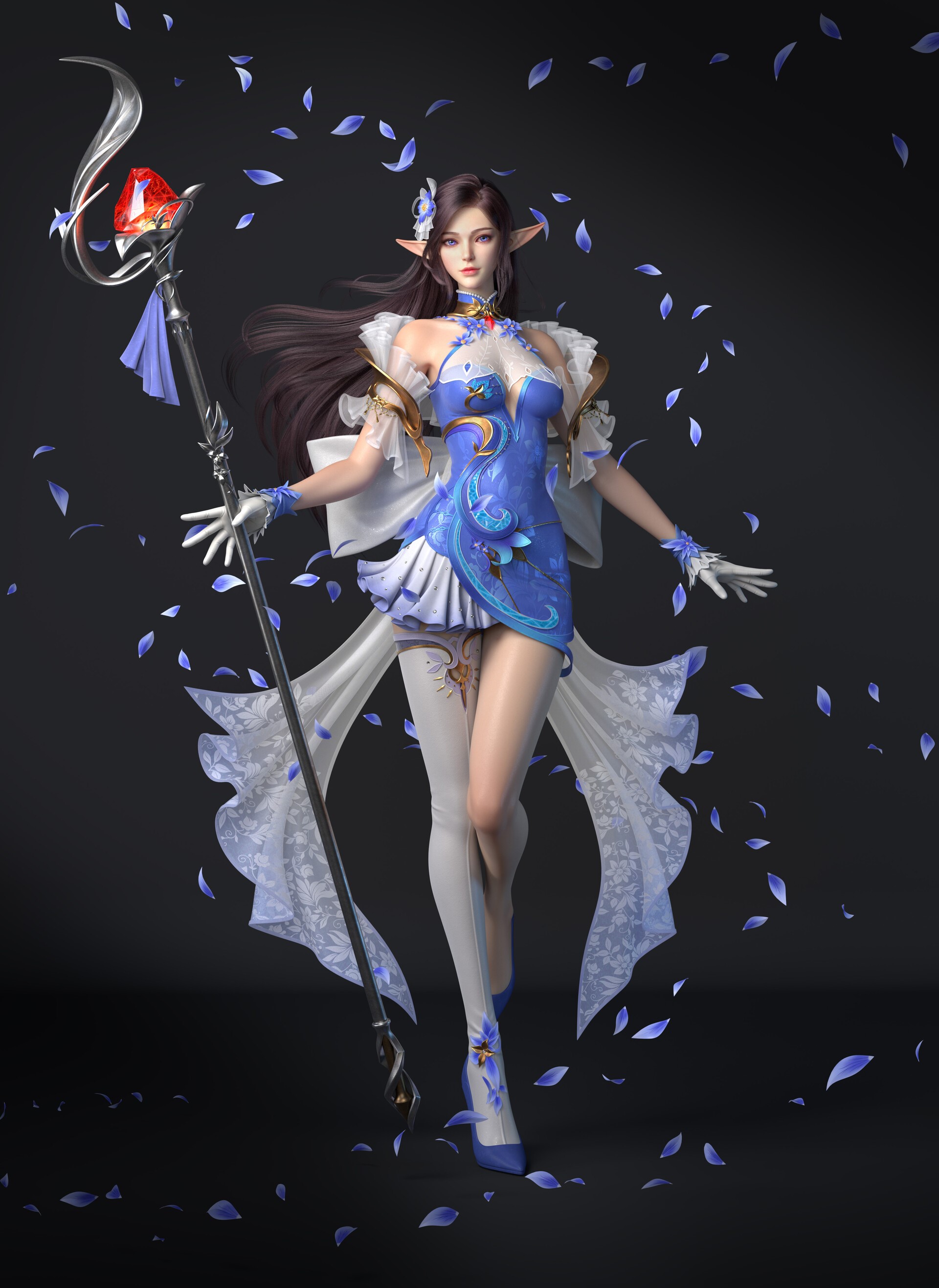 Fantasy Girl with Staff and Blue Heels HD Phone Wallpaper