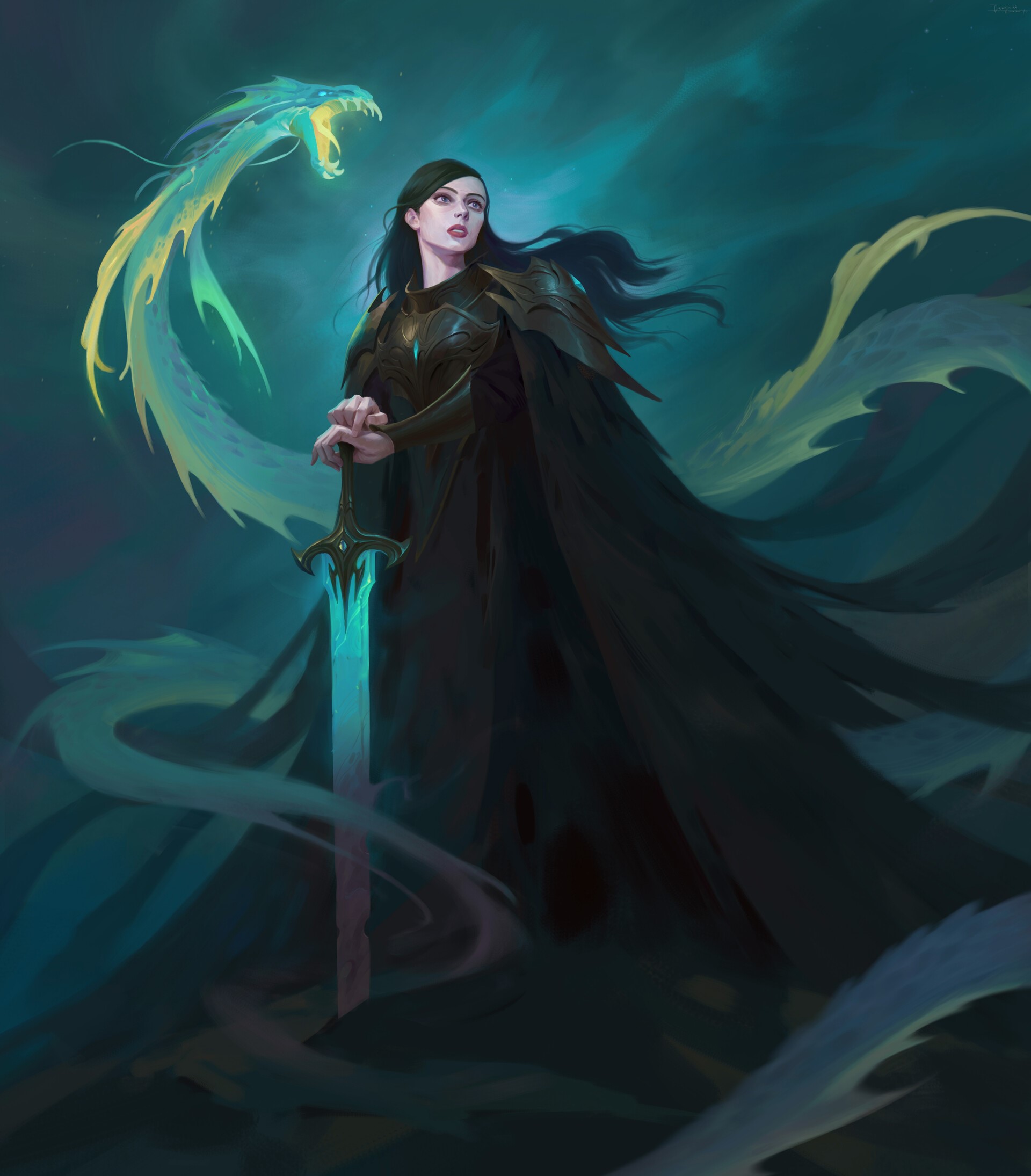 Woman with glowing sword and spectral dragon HD Phone Wallpaper