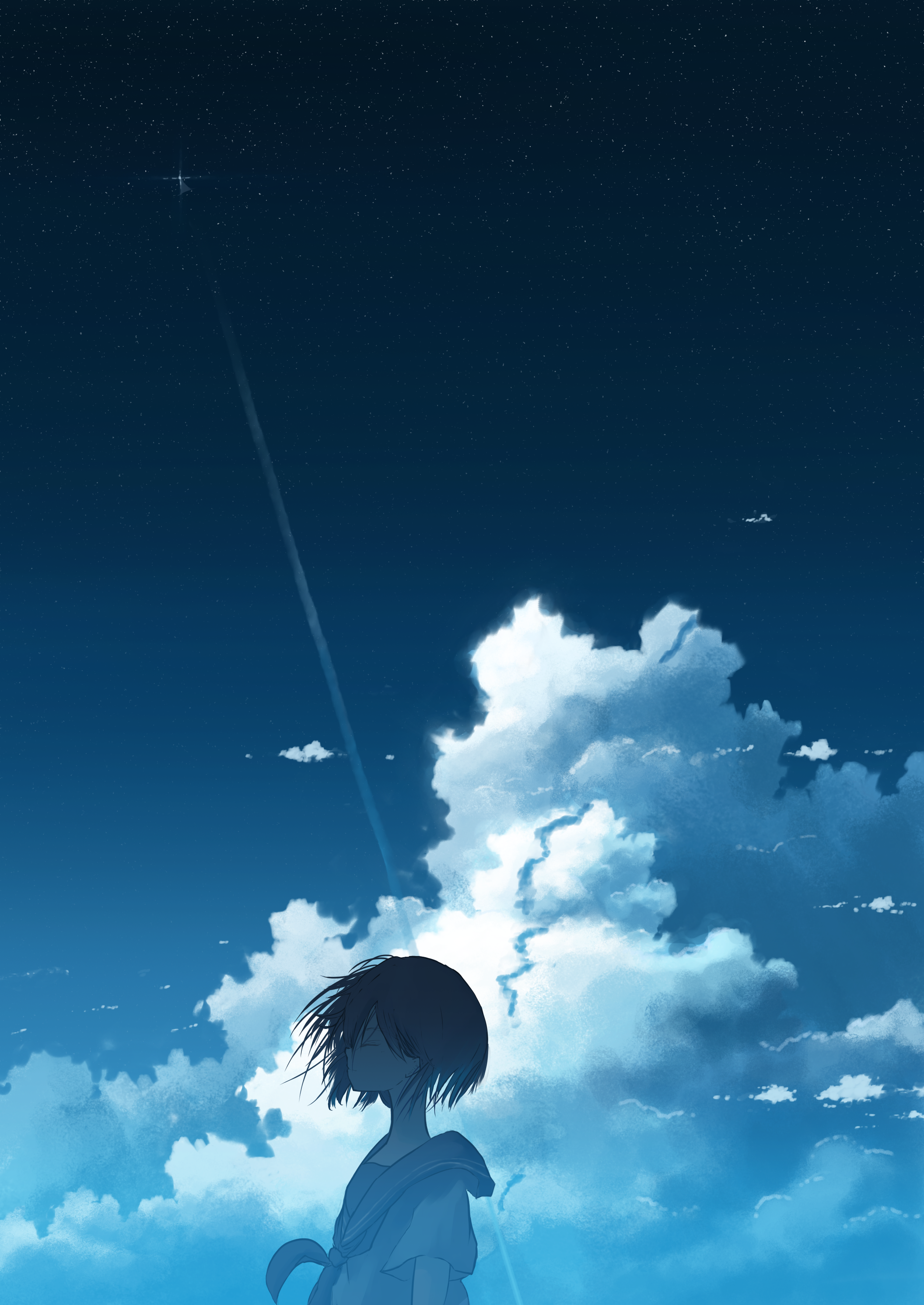 Anime girl looking at the starry sky with clouds HD Phone Wallpaper