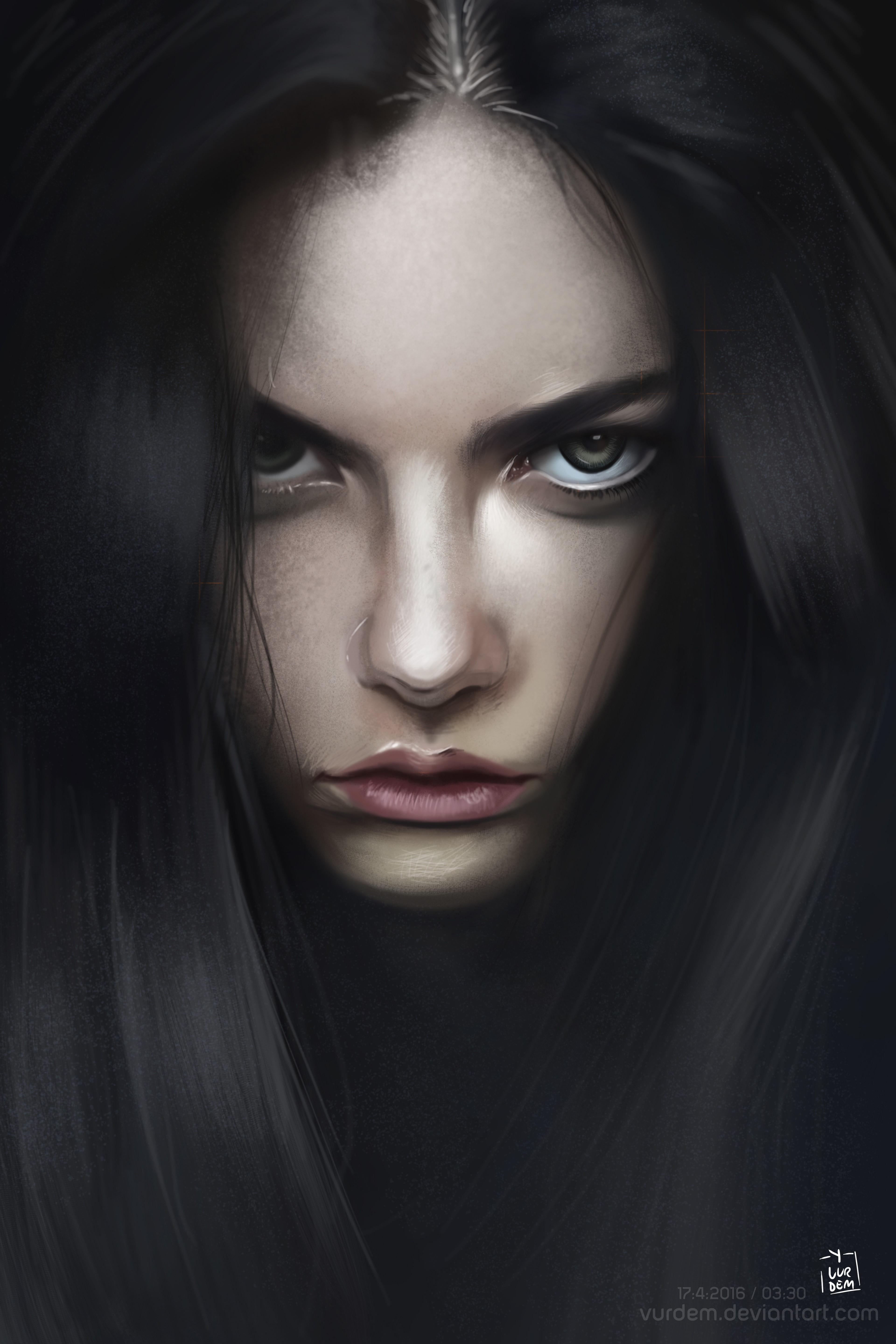 Portrait of a woman with long black hair and green eyes HD Phone Wallpaper
