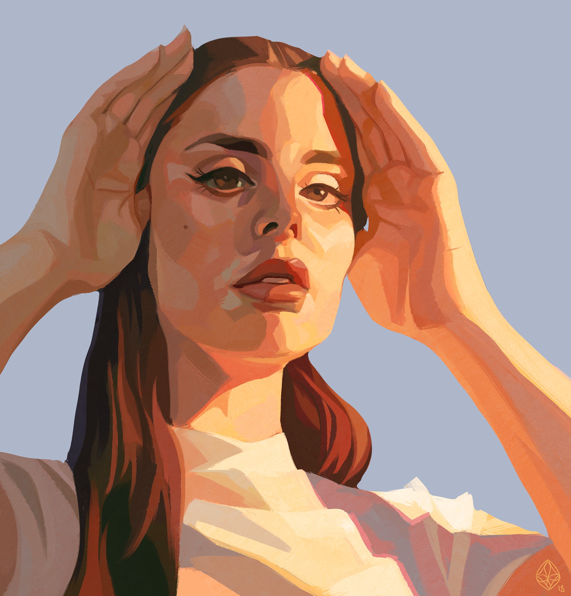Artwork of a woman with hands on her head HD Phone Wallpaper