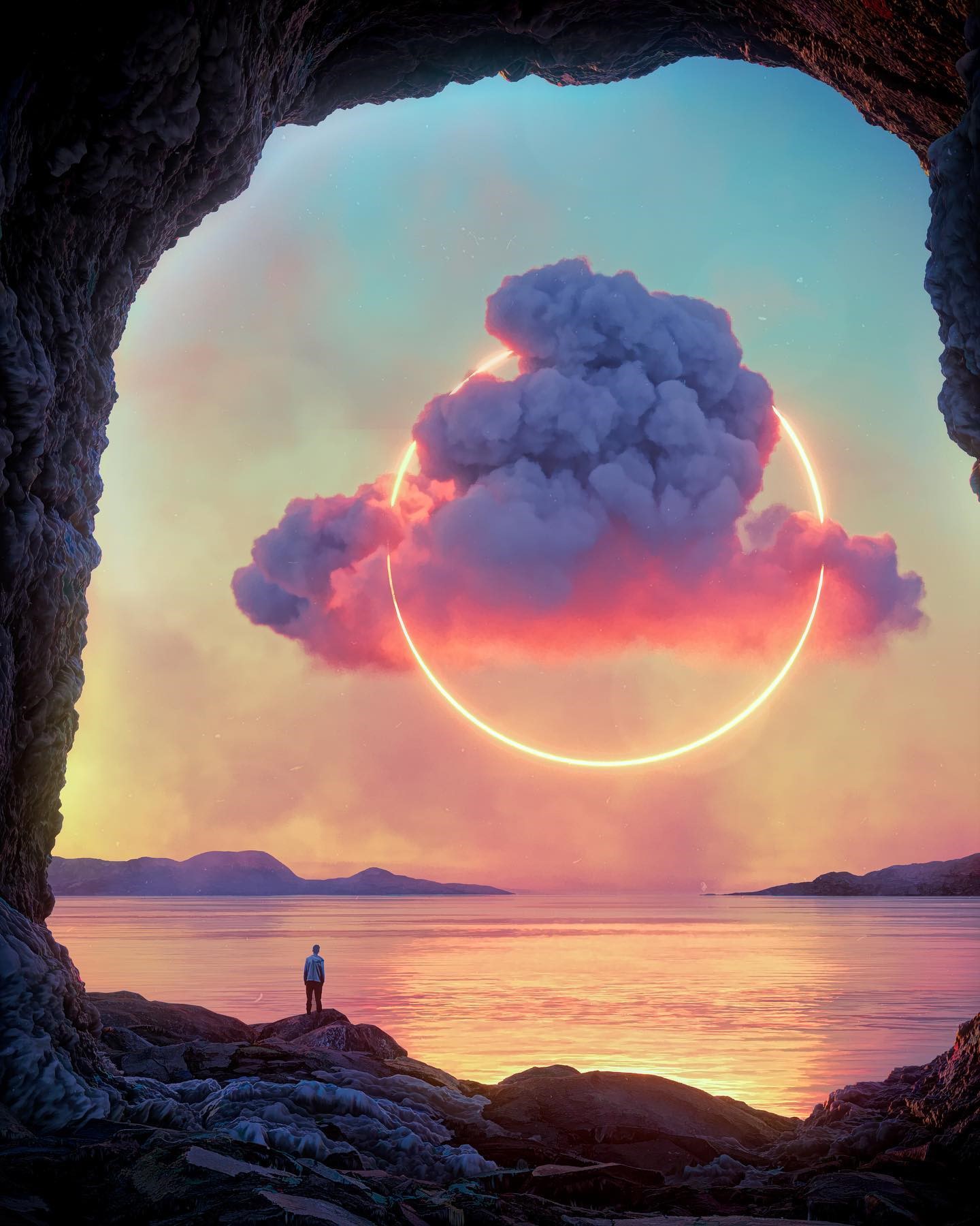 Cave opening overlooking a surreal cloud and ocean landscape HD Phone Wallpaper