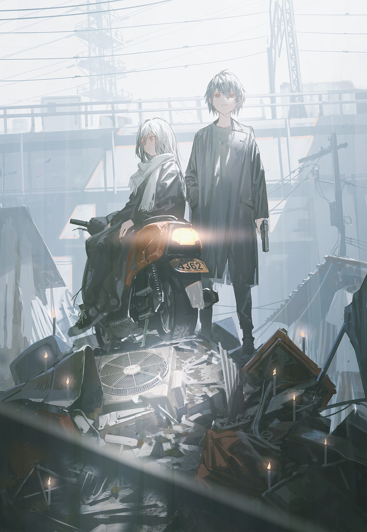 Two anime characters with a motorcycle in urban decay HD Phone Wallpaper