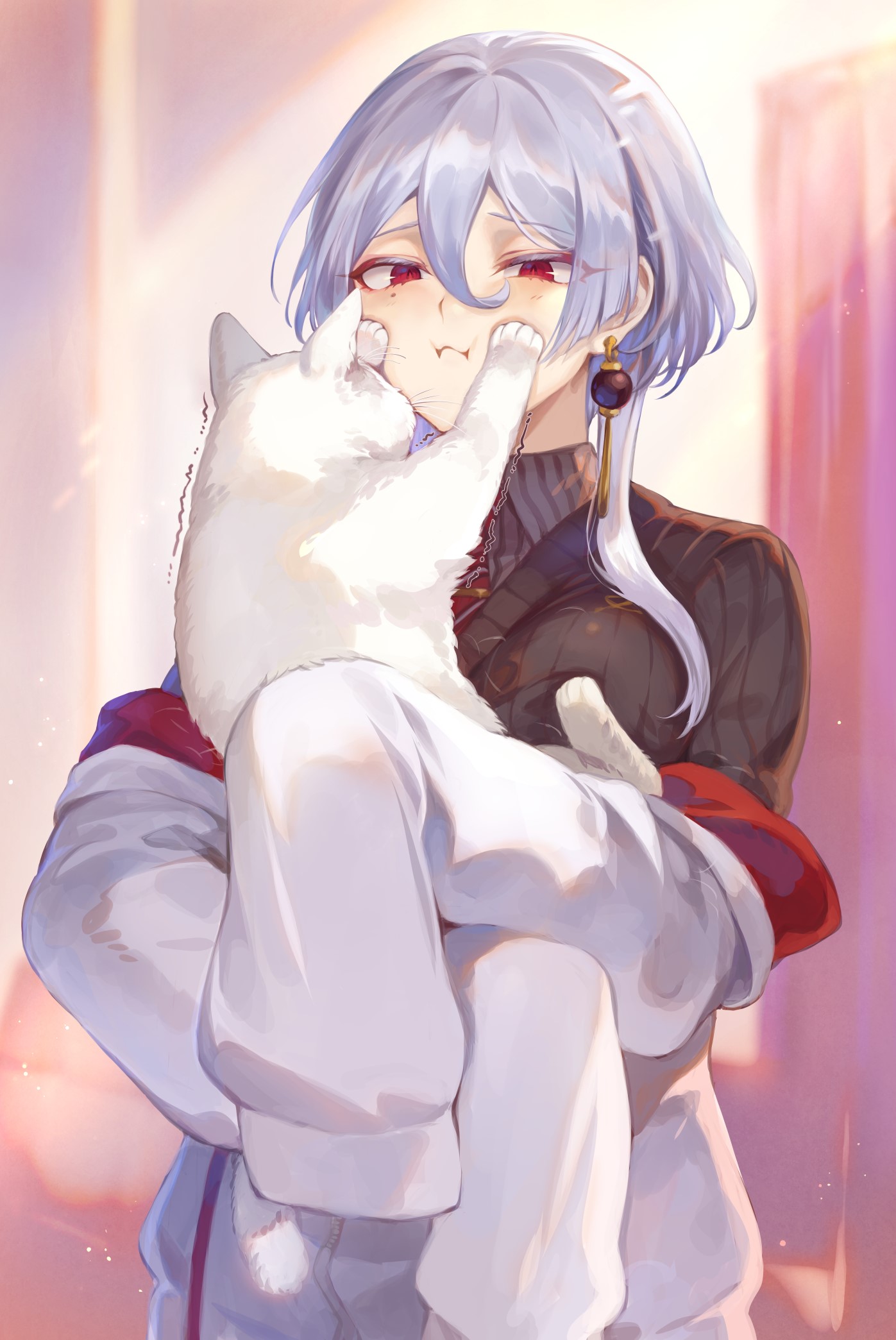 Anime character with silver hair holding a white cat HD Phone Wallpaper