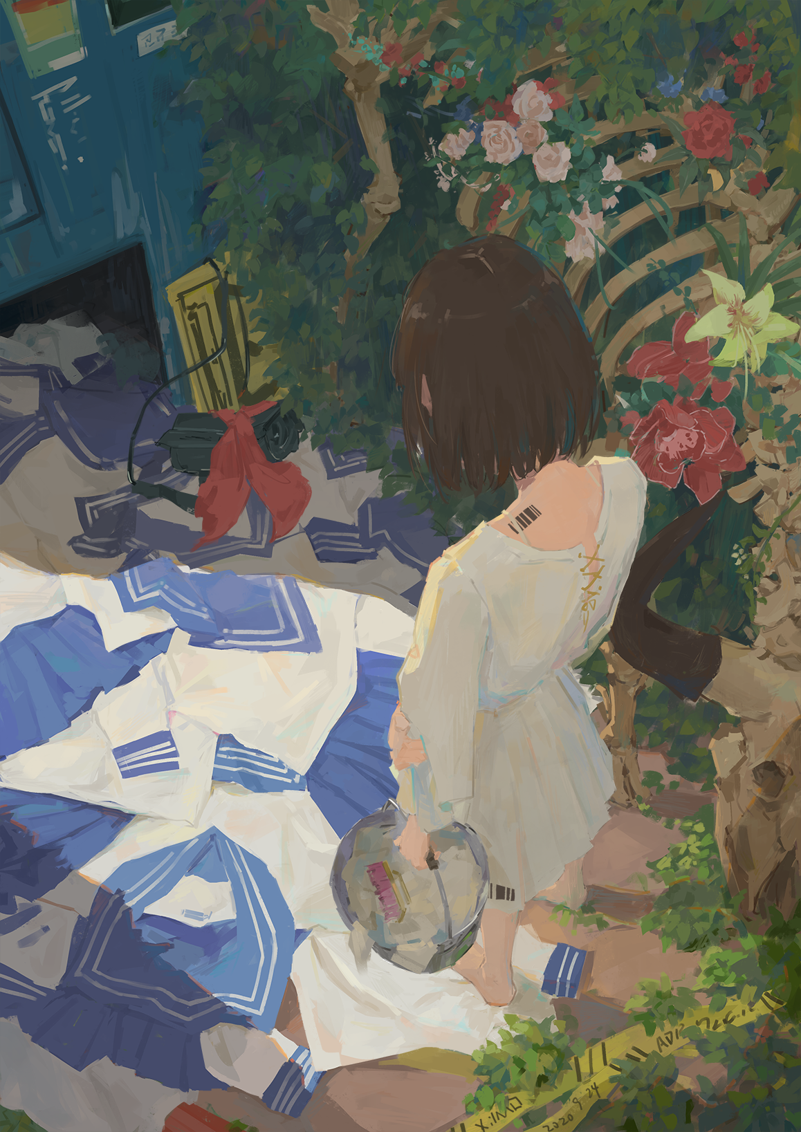 Anime girl with sailor uniforms and flowers HD Phone Wallpaper