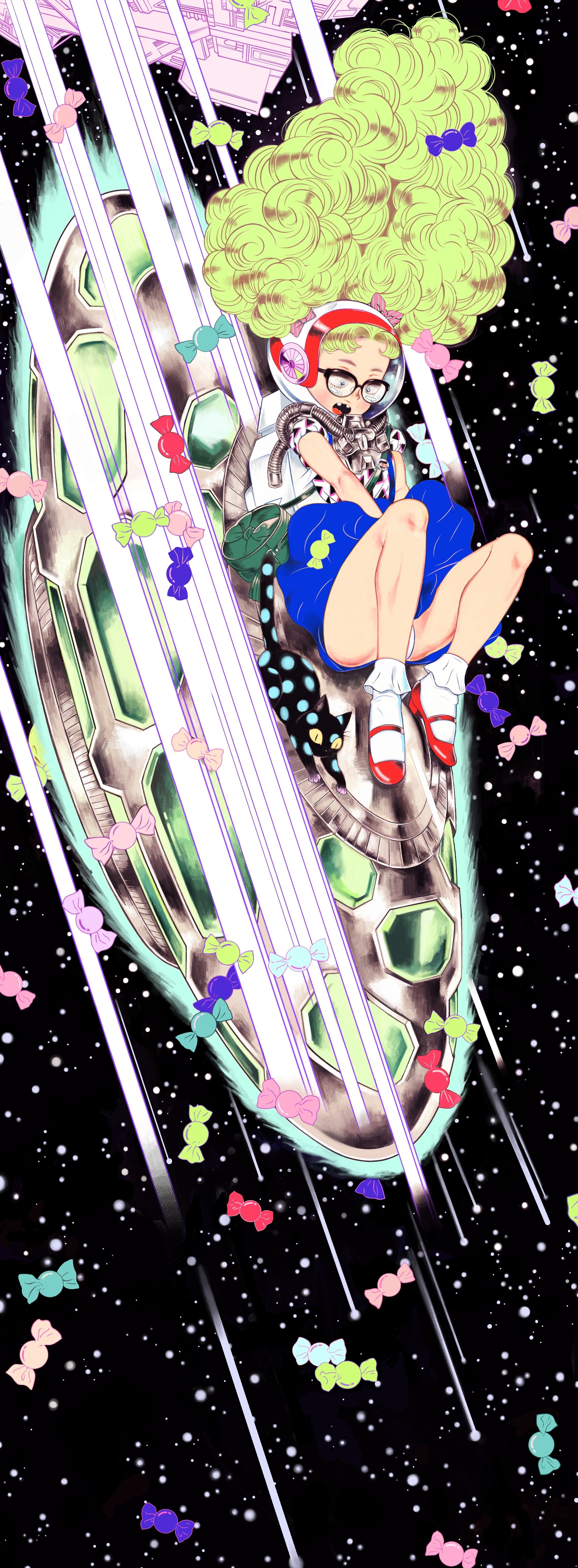 Anime girl with green hair in space with candies HD Phone Wallpaper