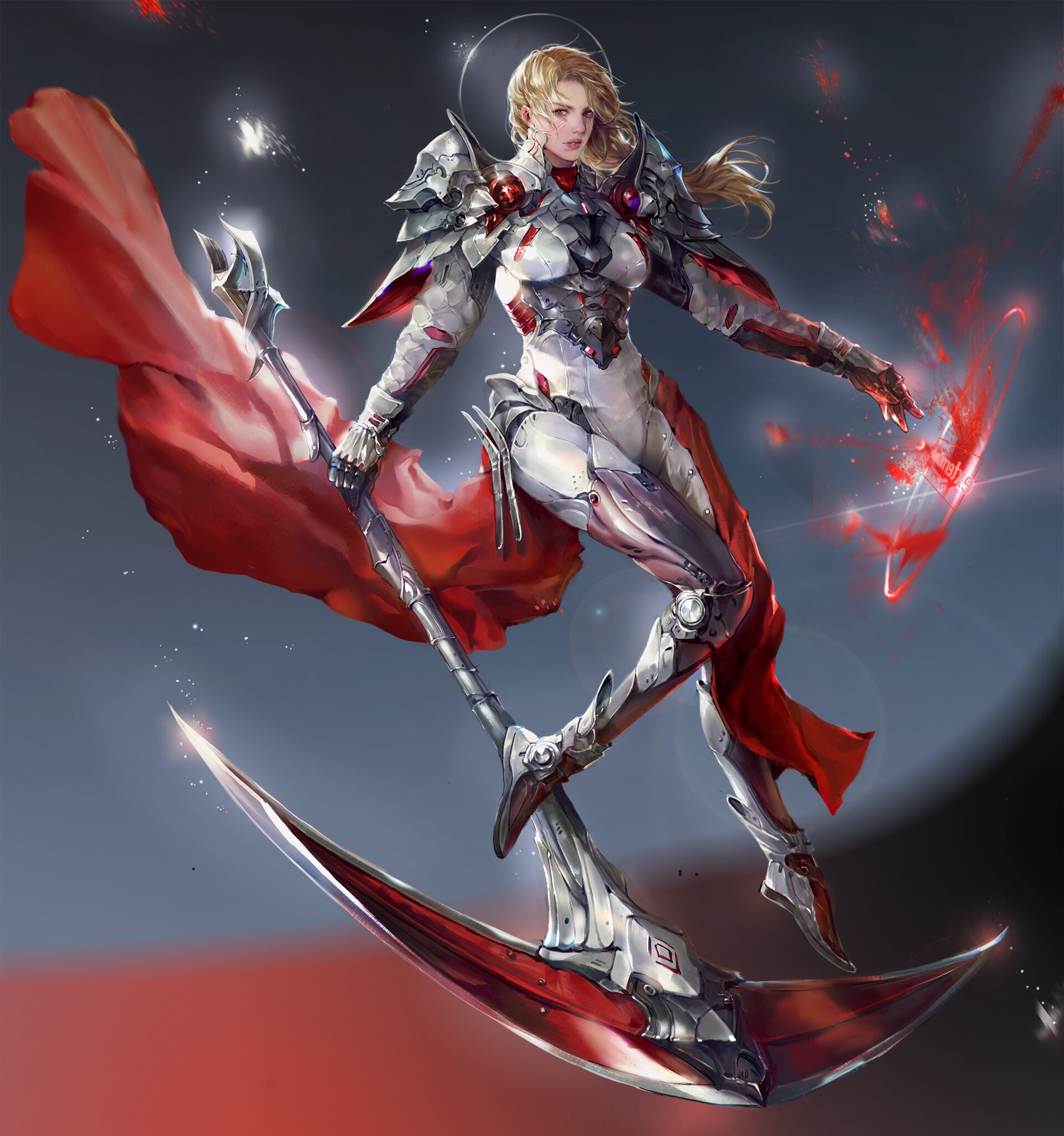Fantasy warrior girl with scythe and red cape HD Phone Wallpaper