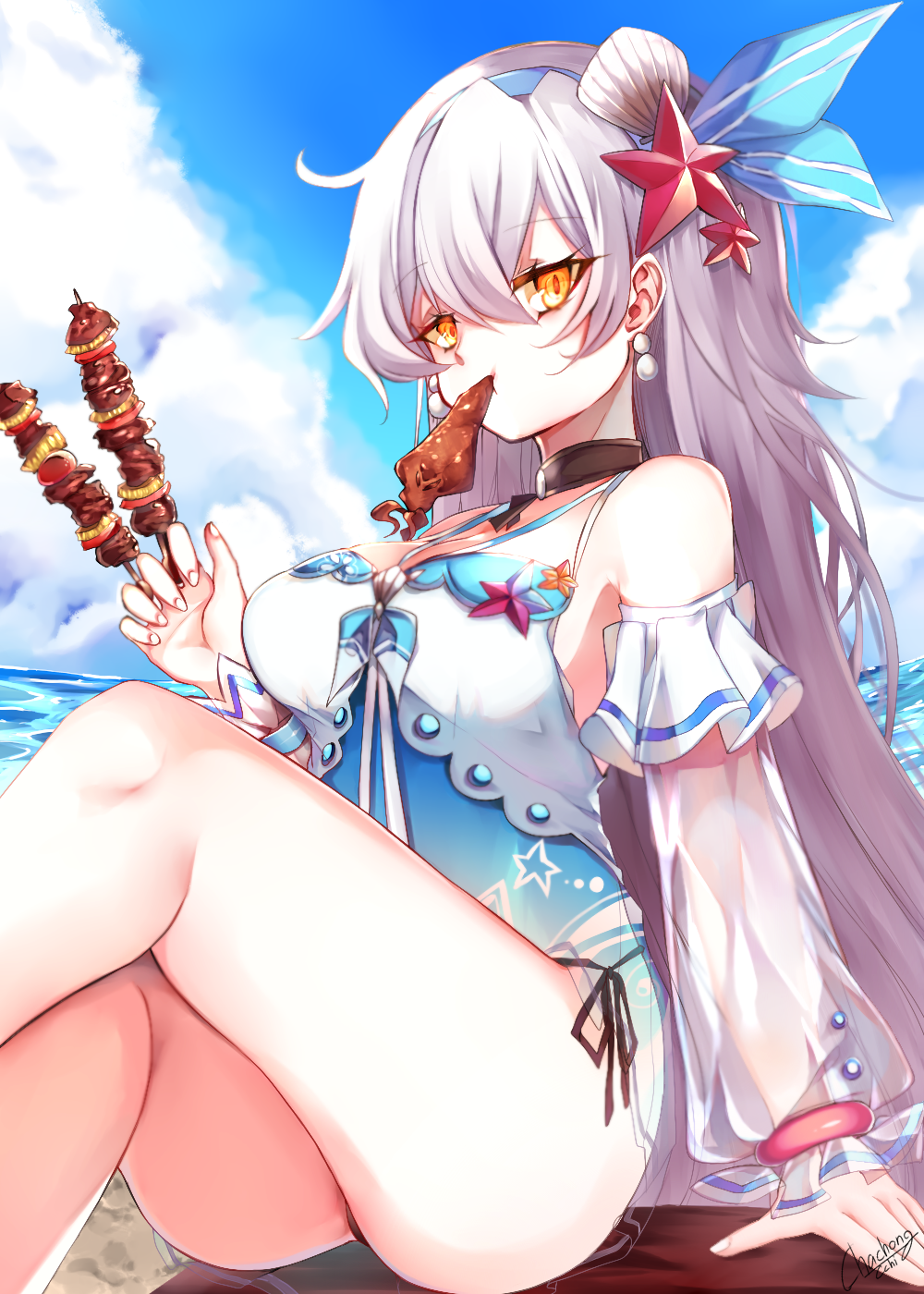 Kiana Kaslana from Honkai Impact 3rd eating skewers at the beach HD Phone Wallpaper