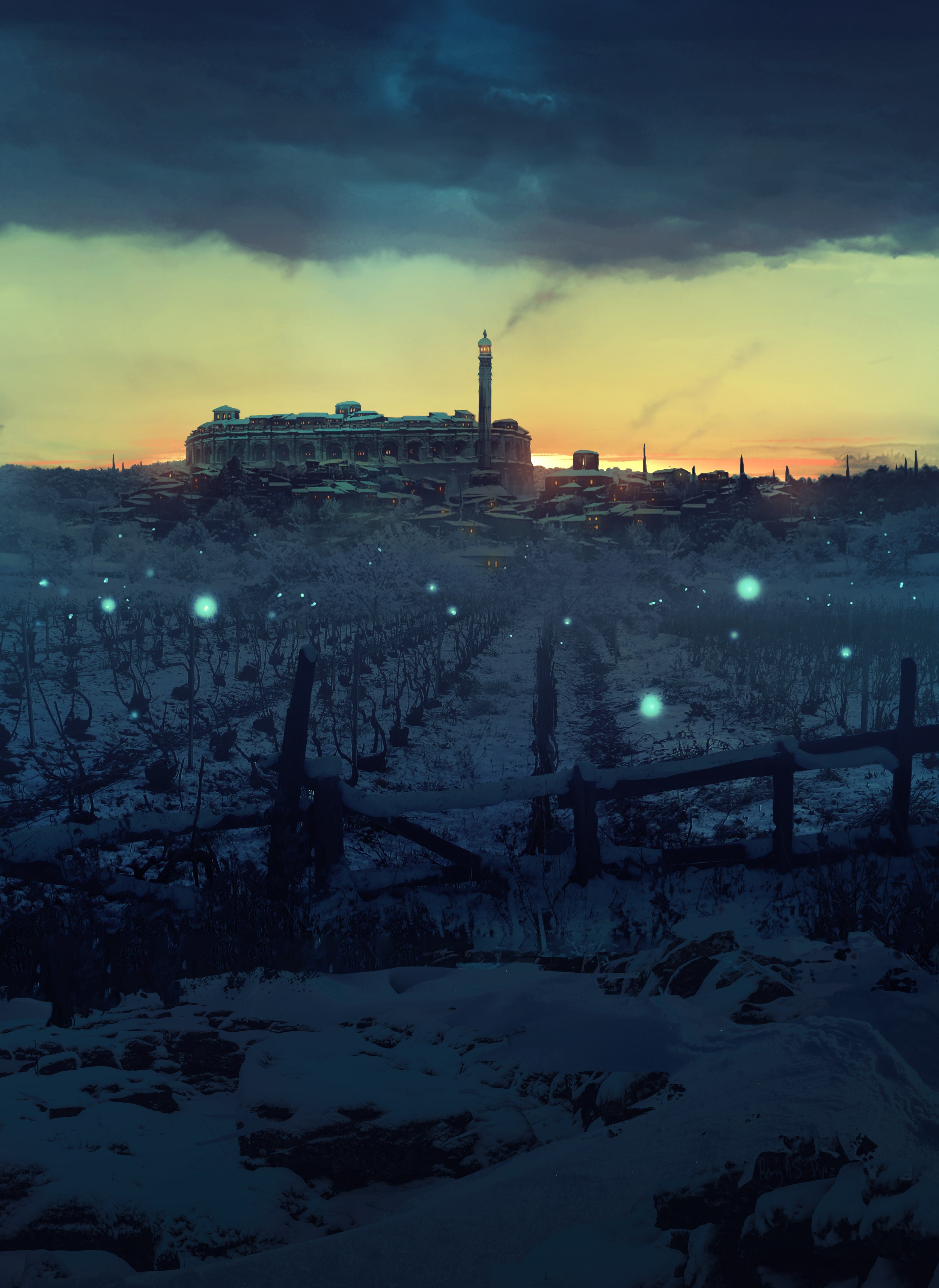 Artwork of a snowy landscape with a city at sunset HD Phone Wallpaper