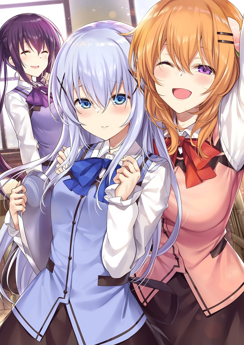 Three anime girls in school uniforms HD Phone Wallpaper