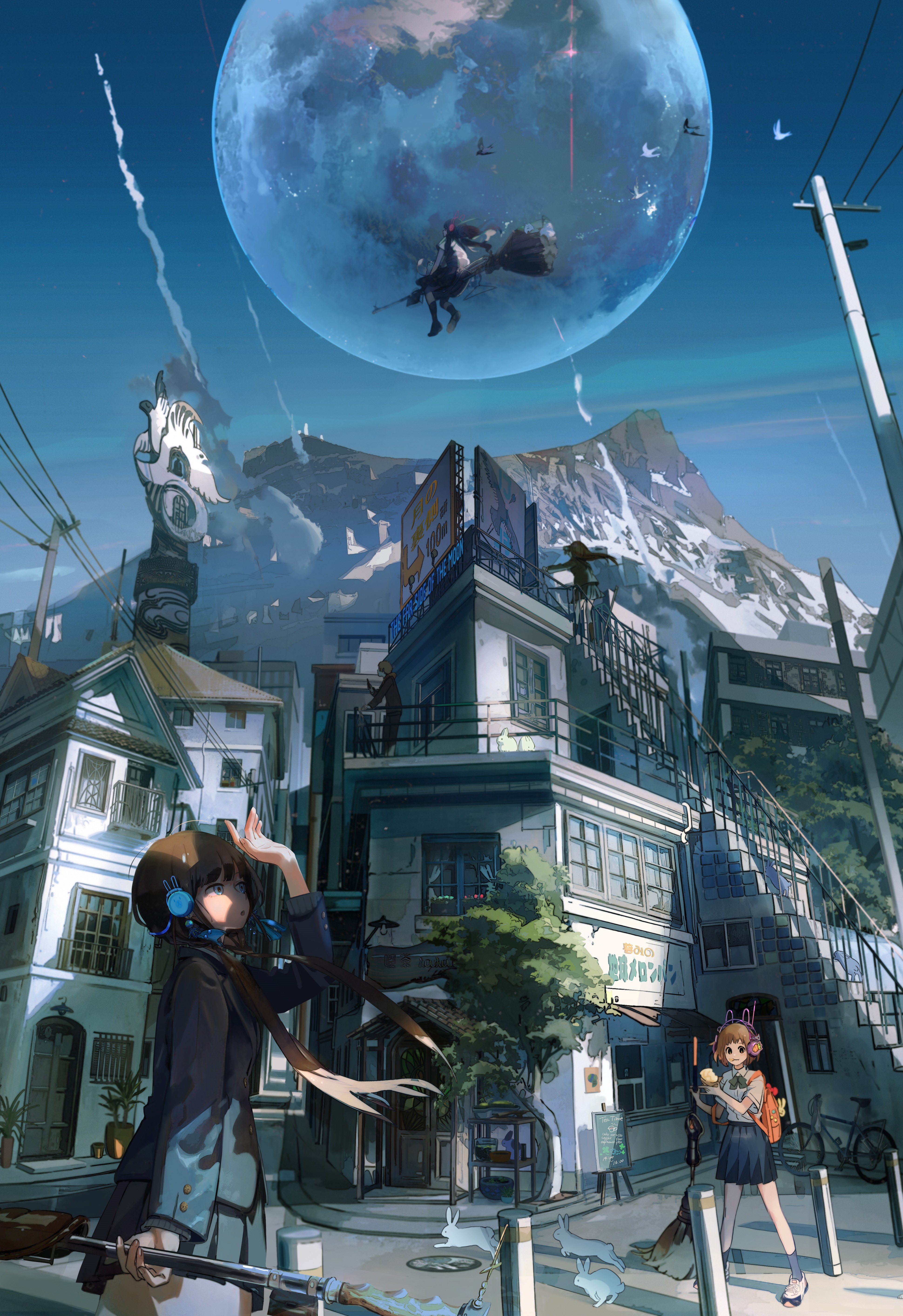 Anime girls in a city with a giant planet in the sky HD Phone Wallpaper