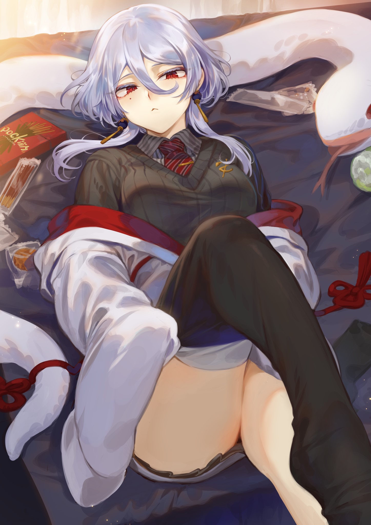 Anime girl with silver hair and red eyes in bed with snacks HD Phone Wallpaper