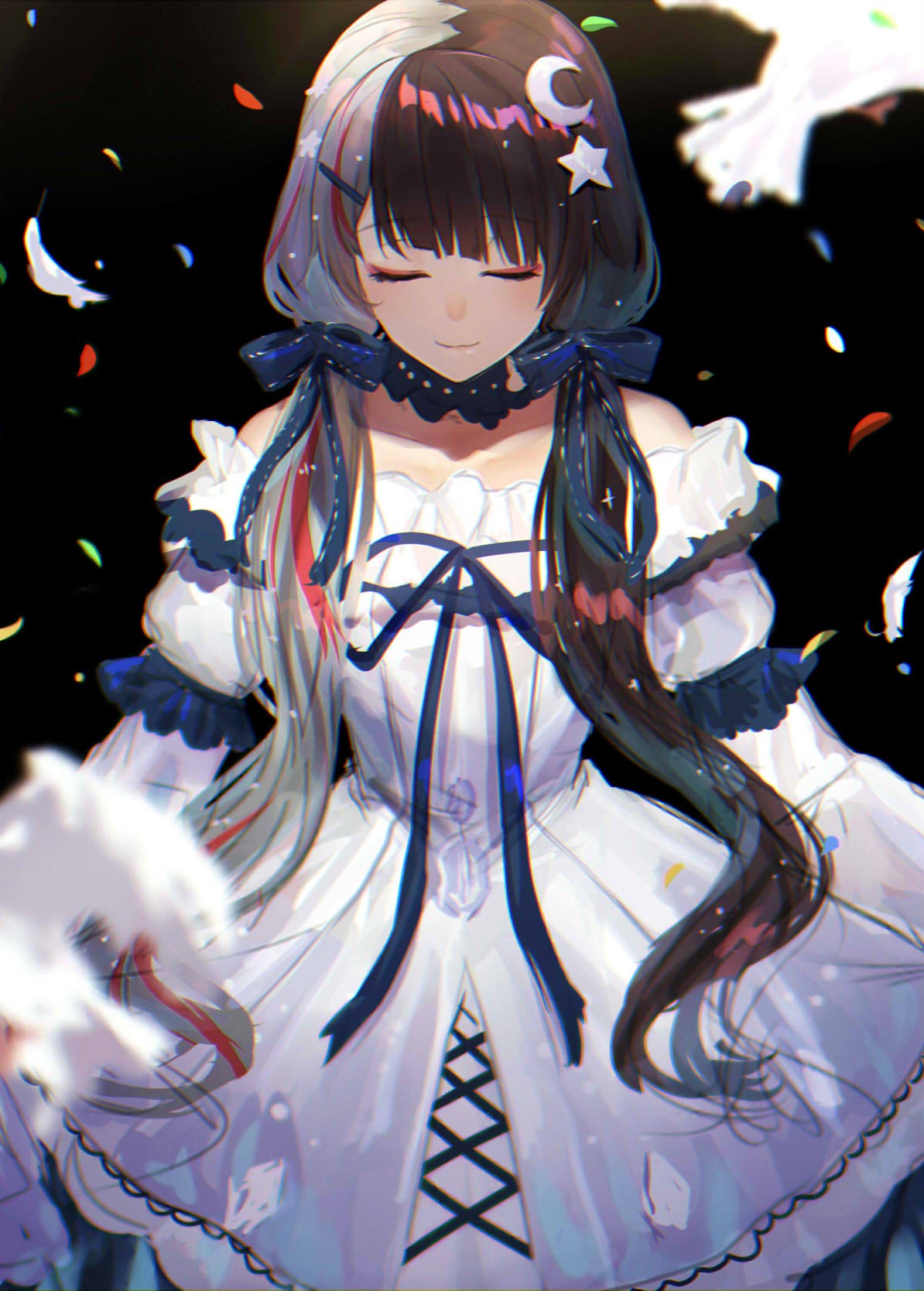 Anime girl with multi-colored hair in a white dress HD Phone Wallpaper