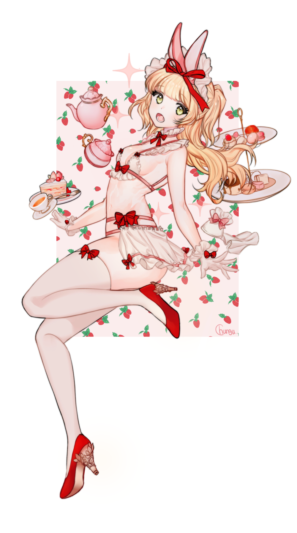 Anime girl in maid bikini with strawberries and tea HD Phone Wallpaper