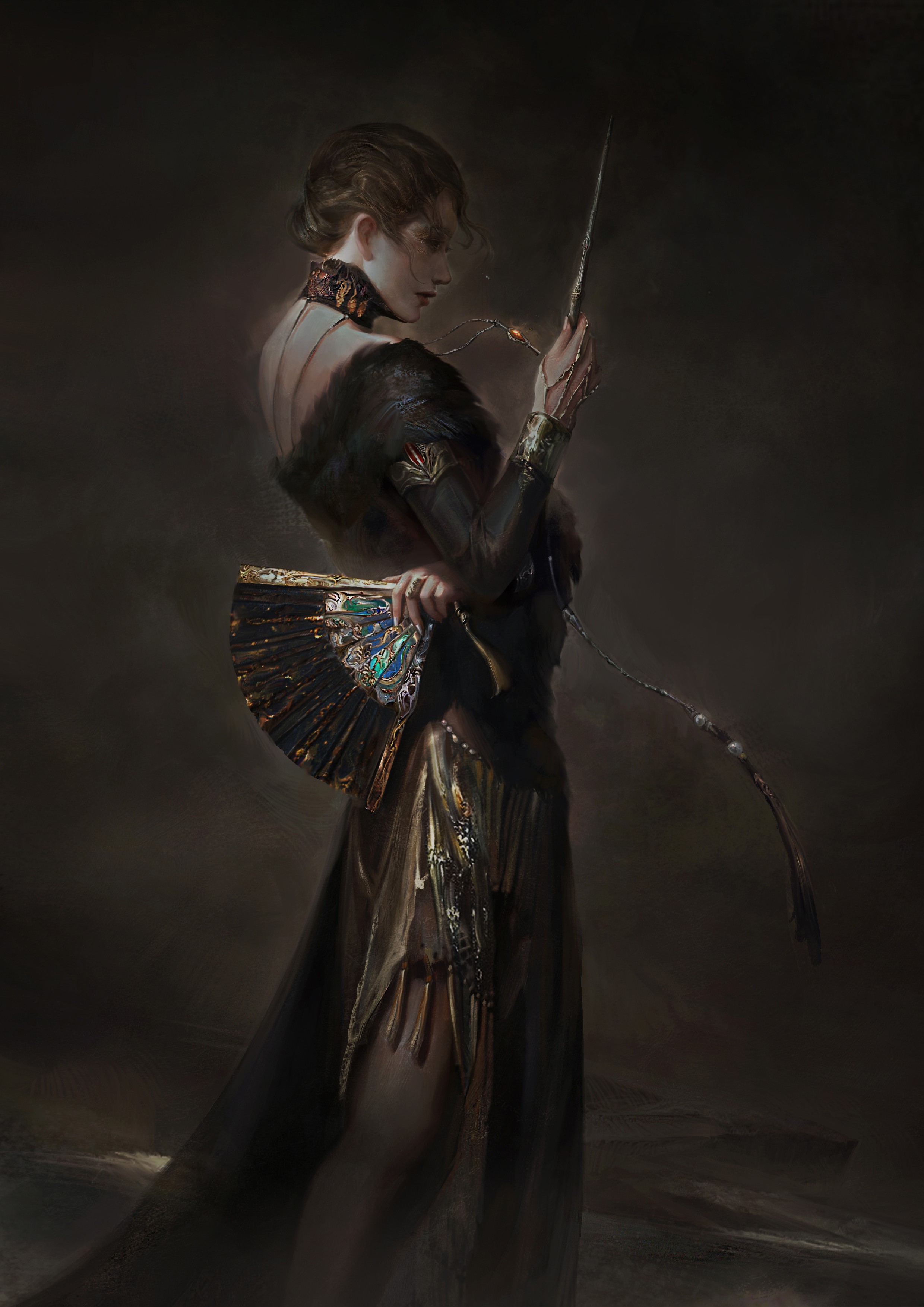Woman in black dress holding a fan and wand HD Phone Wallpaper