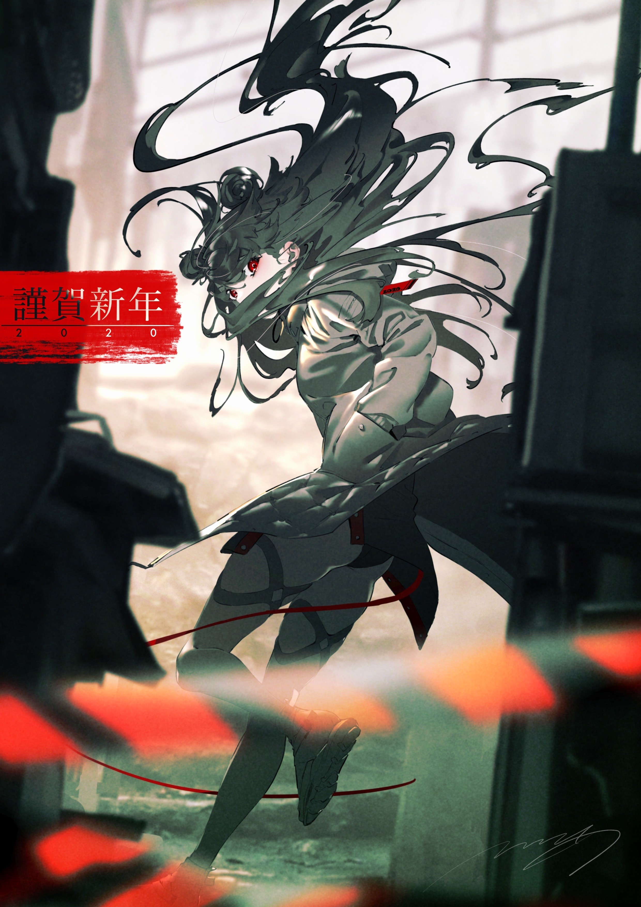 Rolua Noa from Pixiv with red eyes and dark hair HD Phone Wallpaper