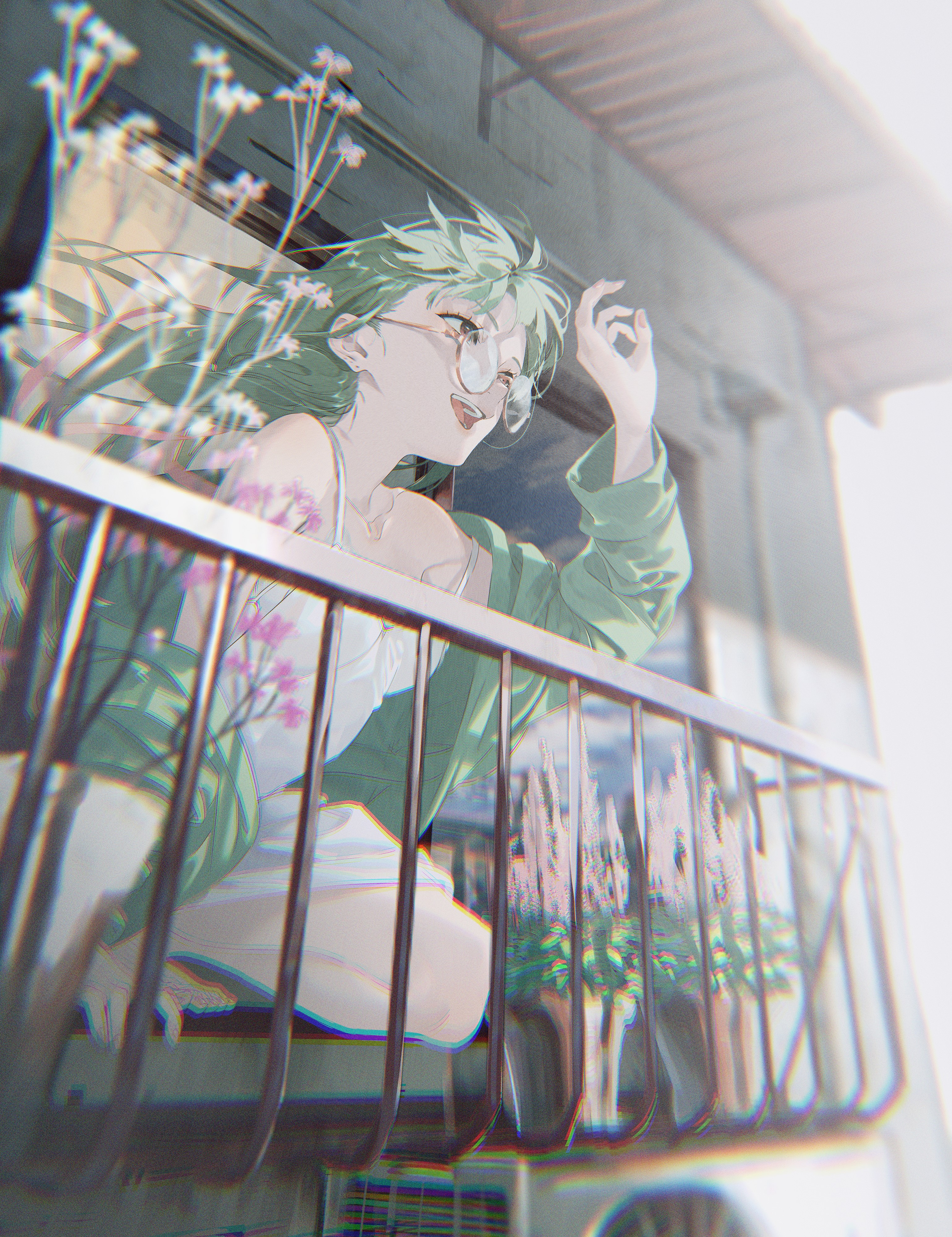 Anime girl with green hair on a balcony with plants HD Phone Wallpaper